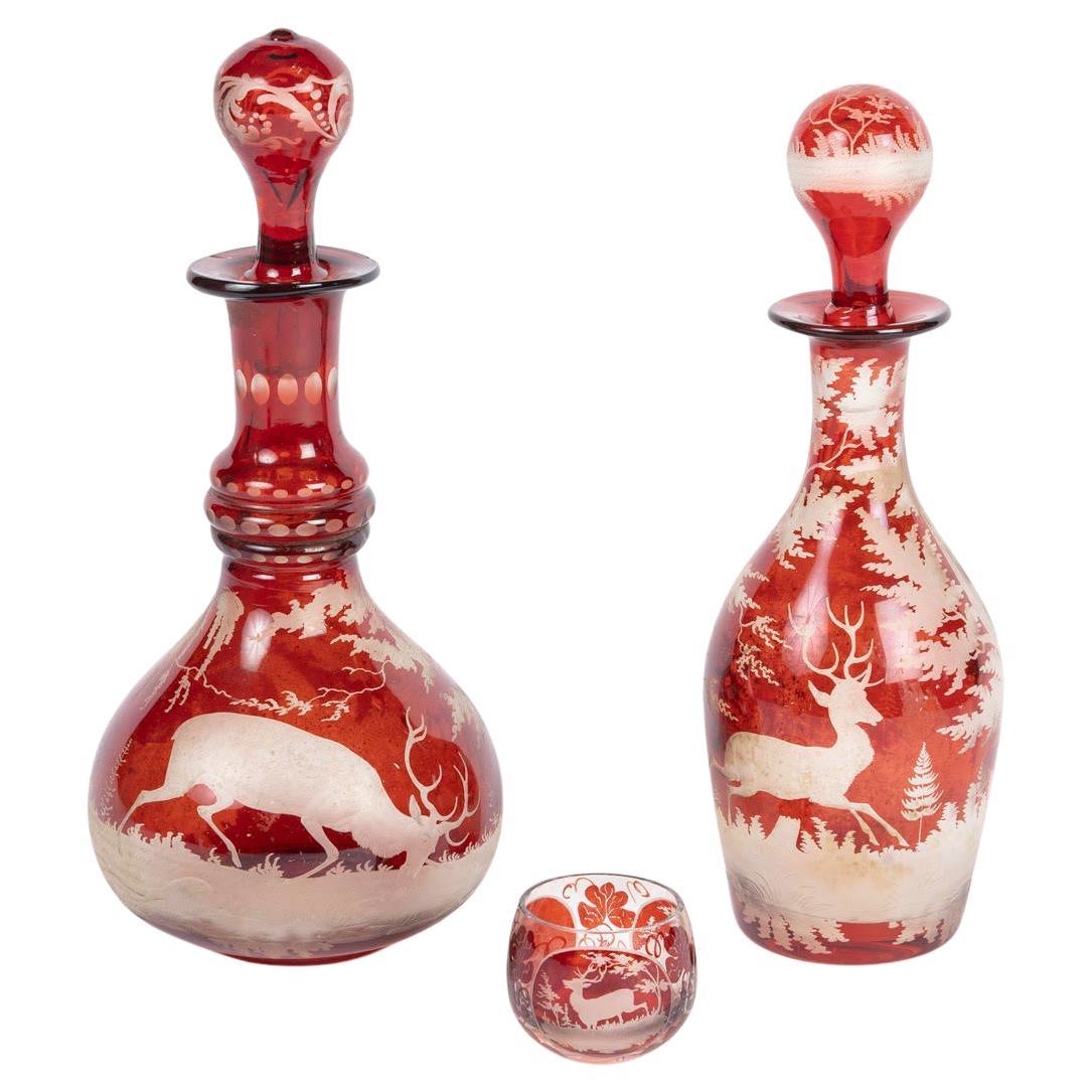 Engraved Bohemian Crystal Oil and Vinegar Set, a Small Salt Shaker, Napoleon III For Sale