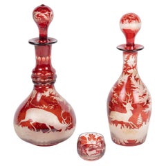 Engraved Bohemian Crystal Oil and Vinegar Set, a Small Salt Shaker, Napoleon III
