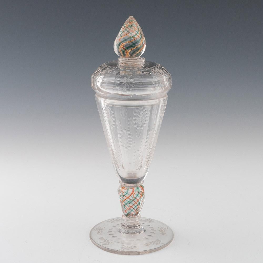 Georgian Engraved Bohemian Goblet And Cover With Colour Twist Stem c1730 For Sale