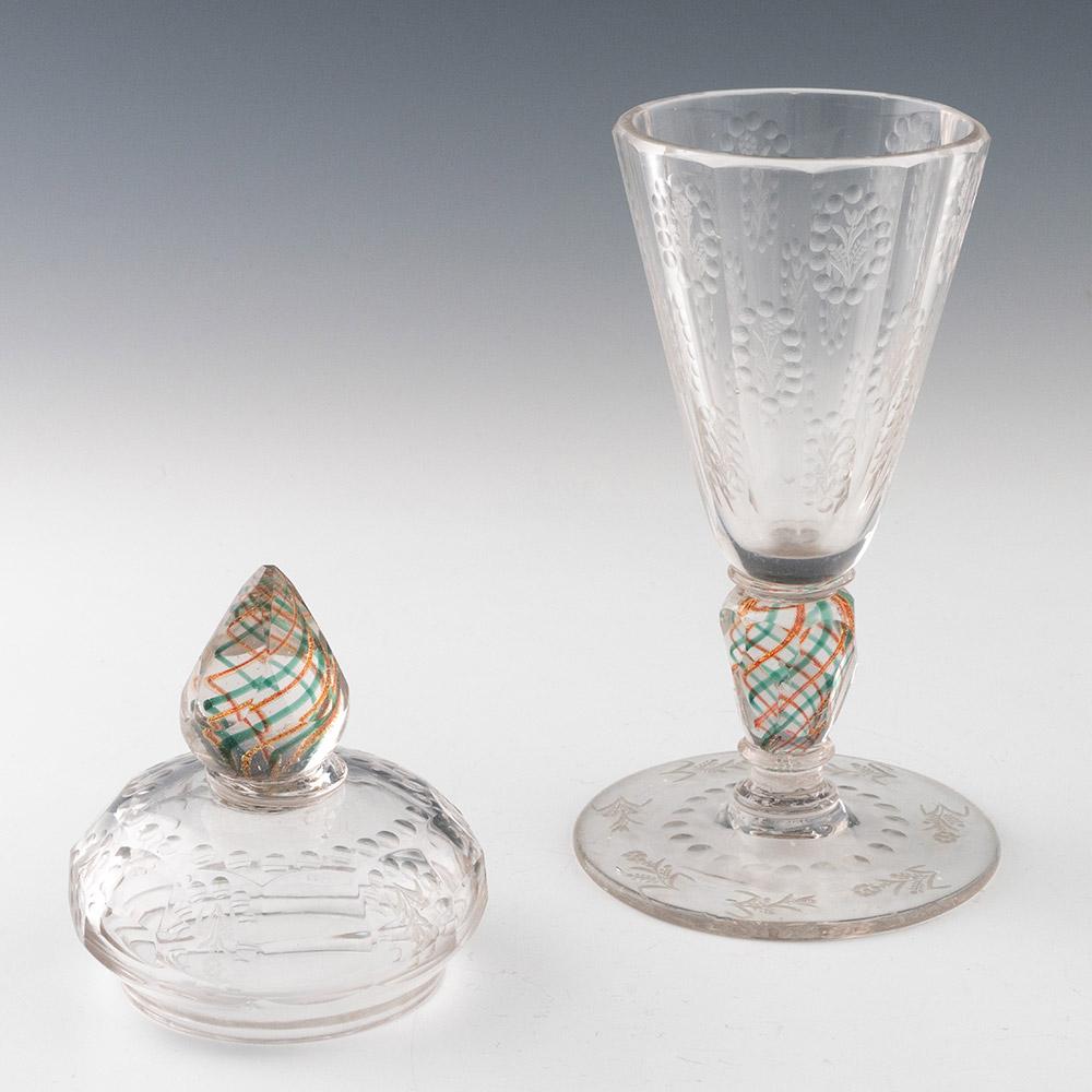 Czech Engraved Bohemian Goblet And Cover With Colour Twist Stem c1730 For Sale