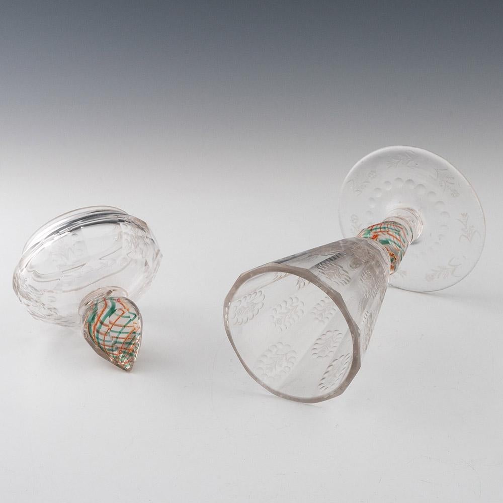 Engraved Bohemian Goblet And Cover With Colour Twist Stem c1730 In Good Condition For Sale In Tunbridge Wells, GB