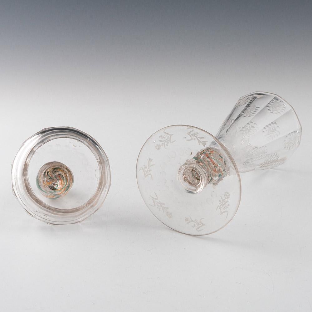 Mid-18th Century Engraved Bohemian Goblet And Cover With Colour Twist Stem c1730 For Sale
