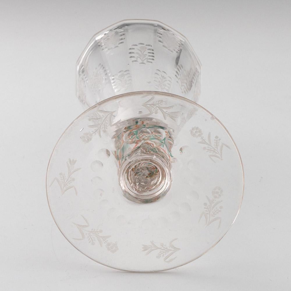 Glass Engraved Bohemian Goblet And Cover With Colour Twist Stem c1730 For Sale