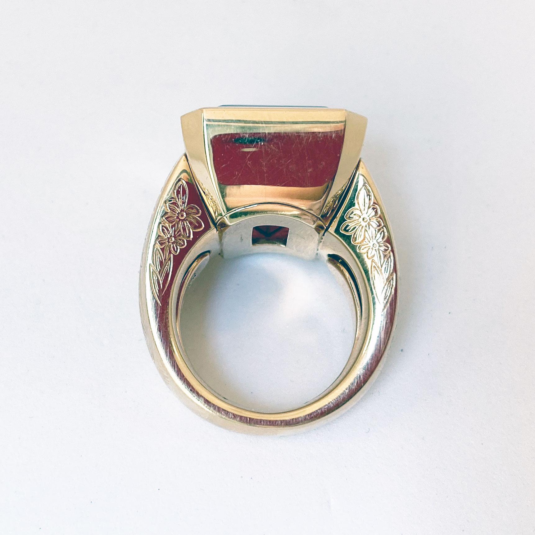 Emerald Cut Engraved Bold Cocktail Ring in 18 Karat Rose Gold with Dusty Pink Tourmaline For Sale