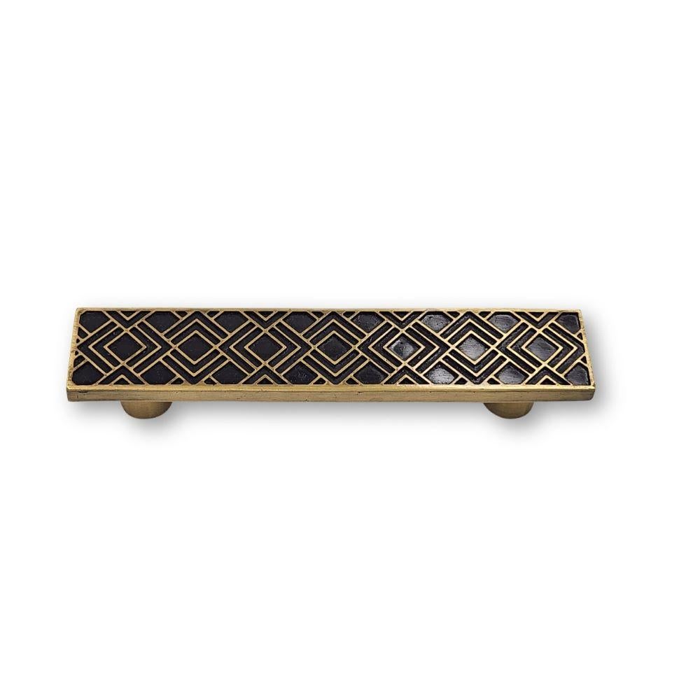 Contemporary Engraved brass cabinet pull  15 x 3 cm Geometric motif with black resin For Sale