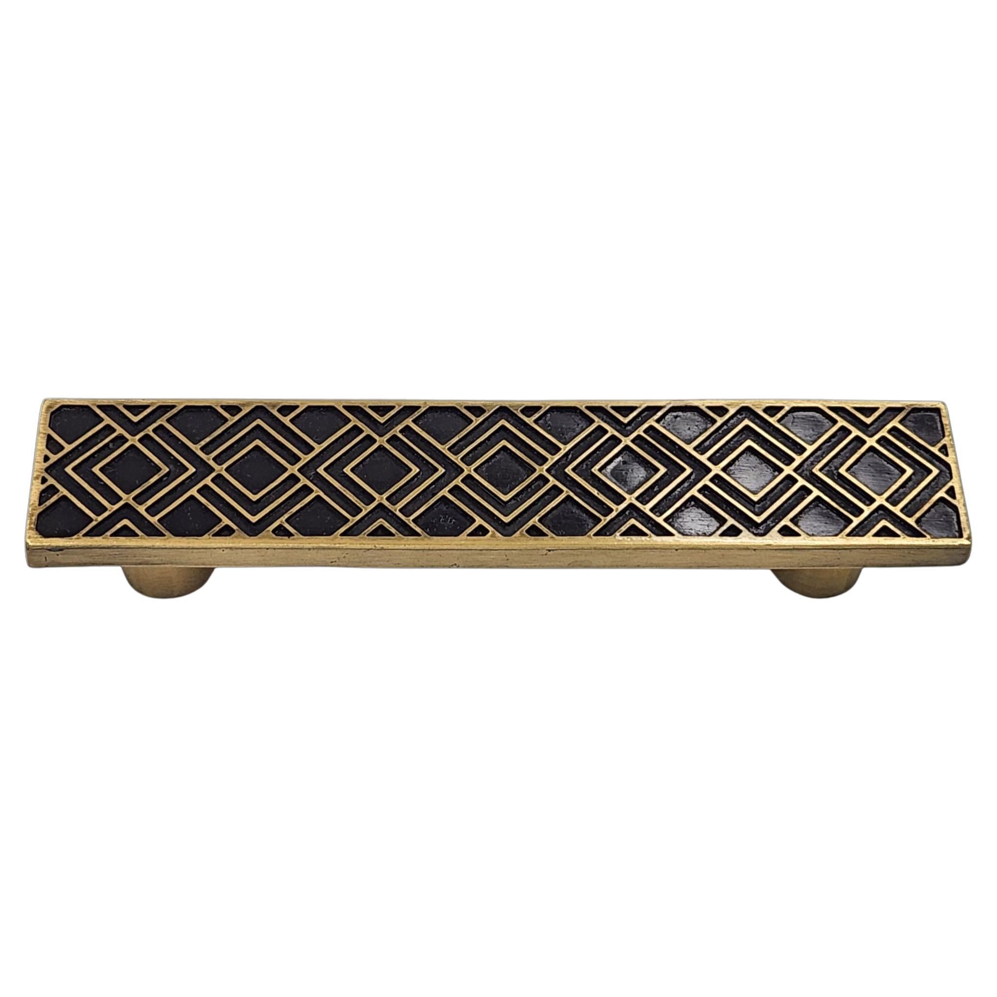 Engraved brass cabinet pull  15 x 3 cm Geometric motif with black resin
