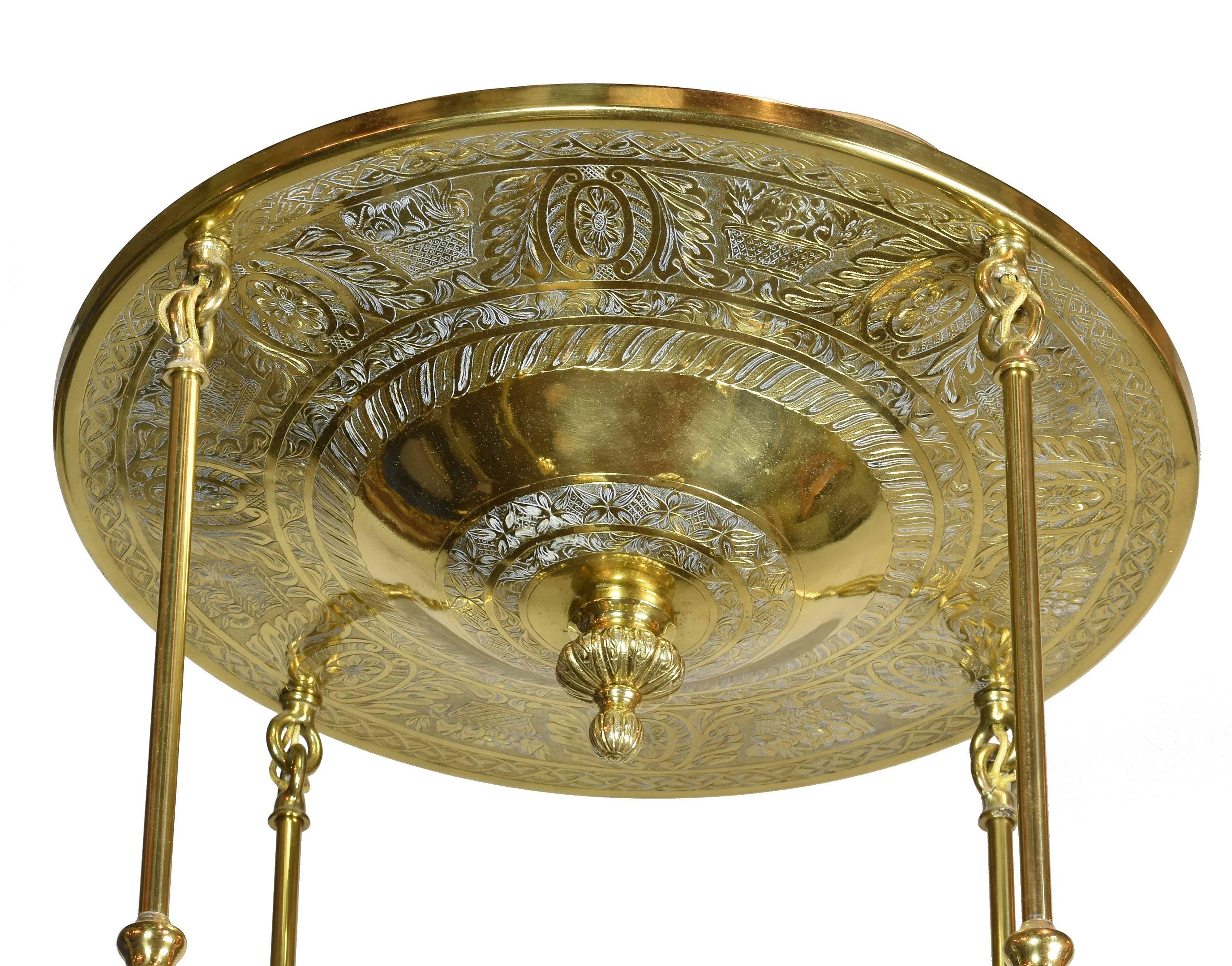 Early 20th Century Engraved Brass Four Arm Flush Mount with Steuben Shades