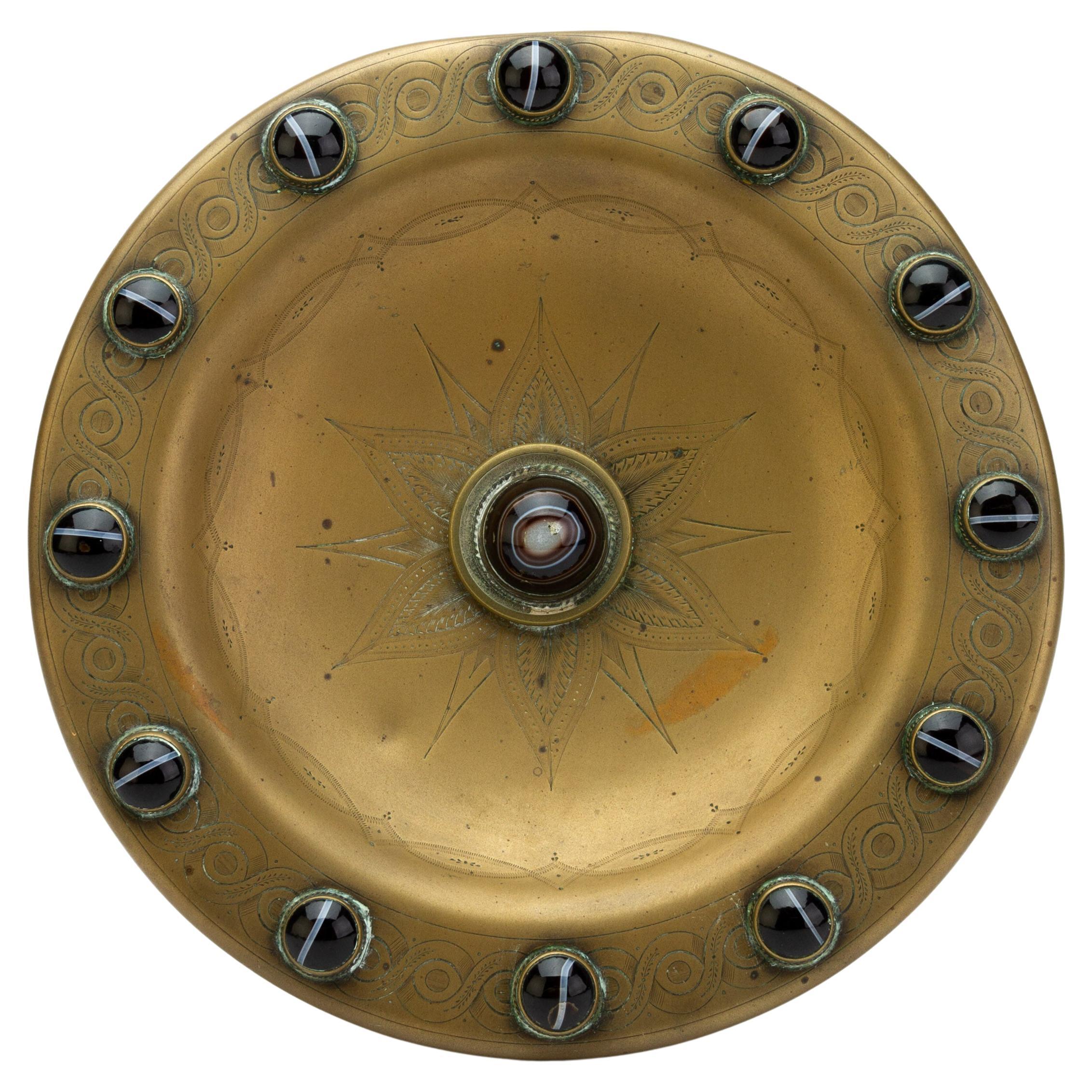 Engraved Brass Tazza Inlaid with Banded Agate Late 19th Century  For Sale