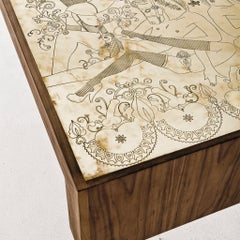 Engraved Brass, Walnut, and Lacquered Wood Burlesque Dining Table by Egg Designs