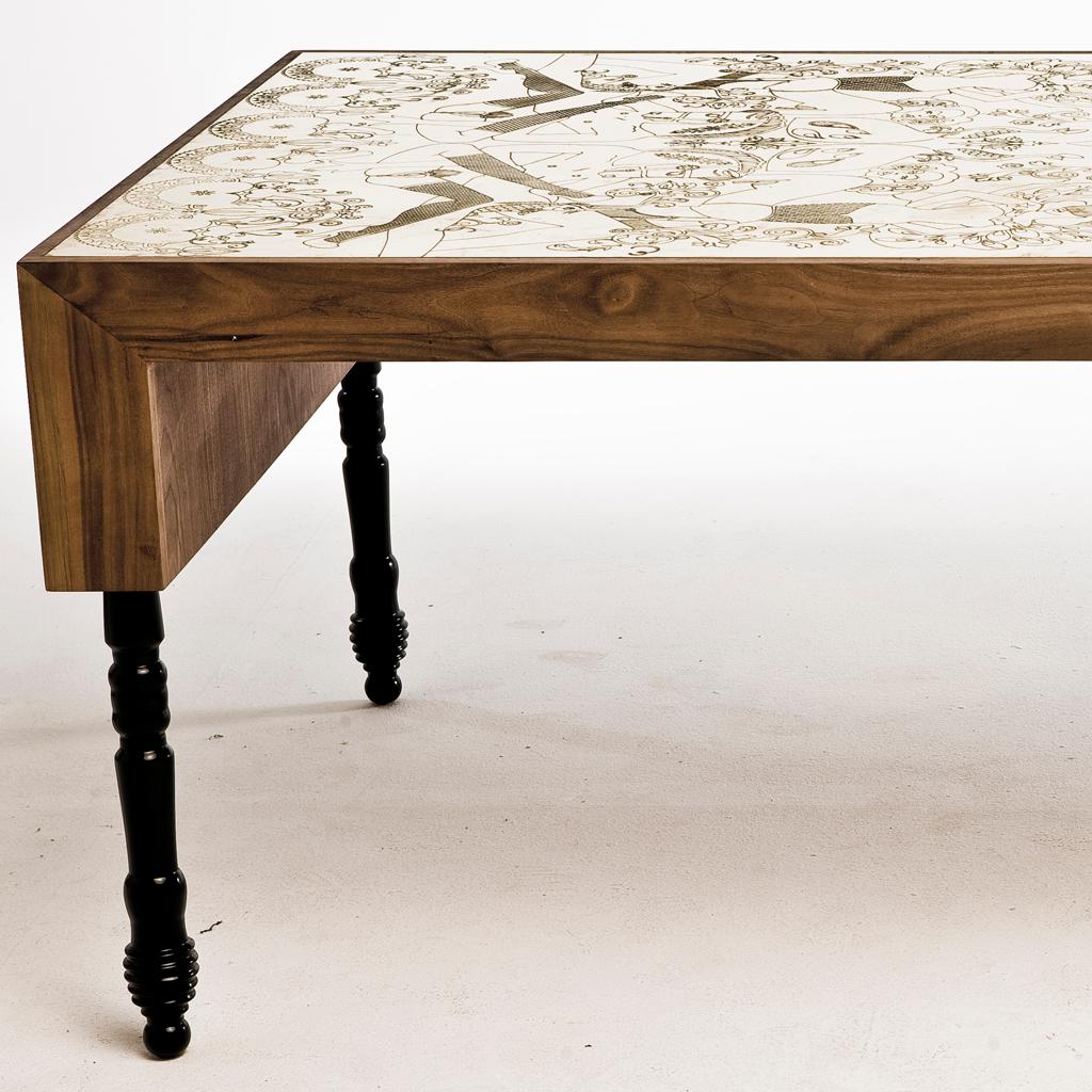 Modern Engraved Brass, Walnut, and Lacquered Wood Burlesque Dining Table by Egg Designs For Sale