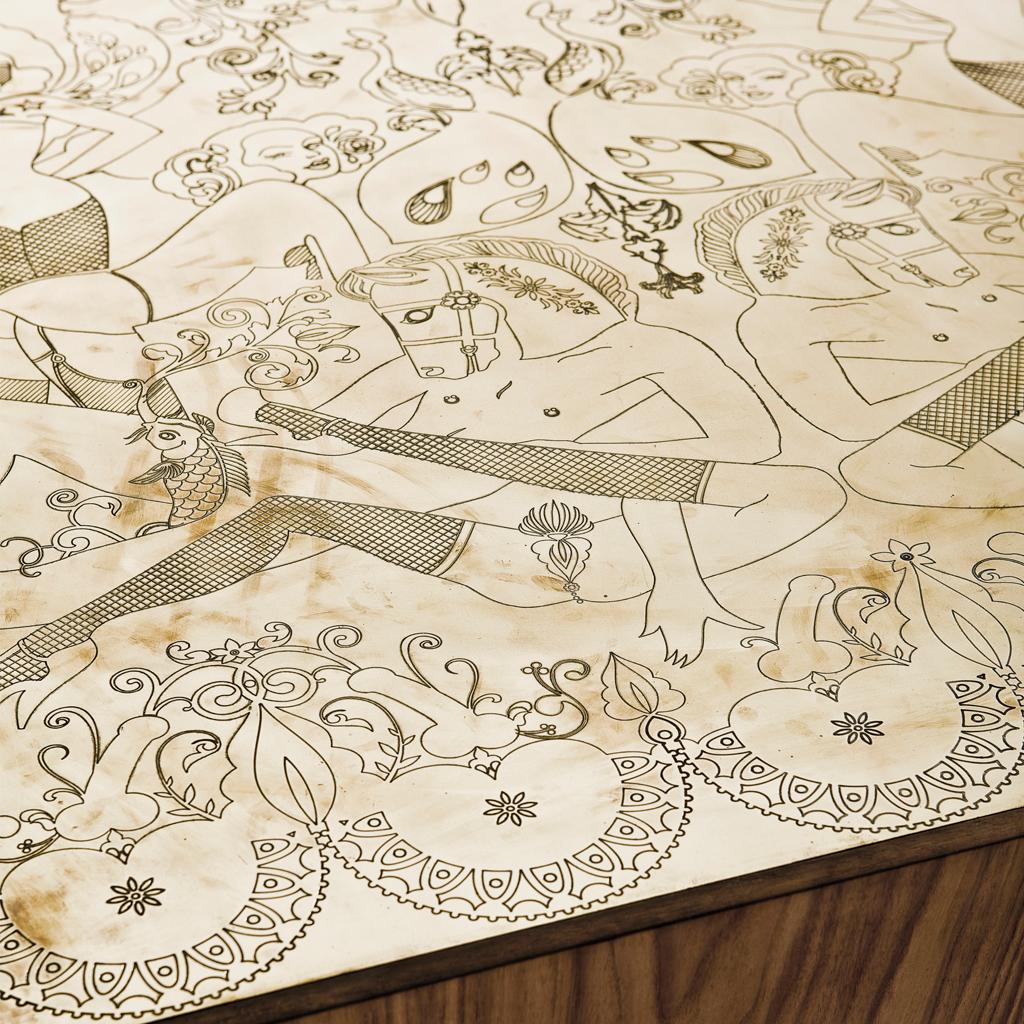 Etched Engraved Brass, Walnut, and Lacquered Wood Burlesque Dining Table by Egg Designs For Sale