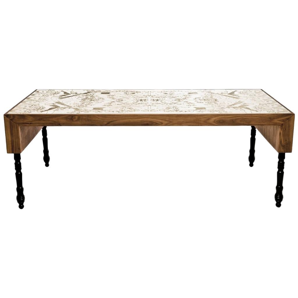 Engraved Brass, Walnut, and Lacquered Wood Burlesque Dining Table by Egg Designs