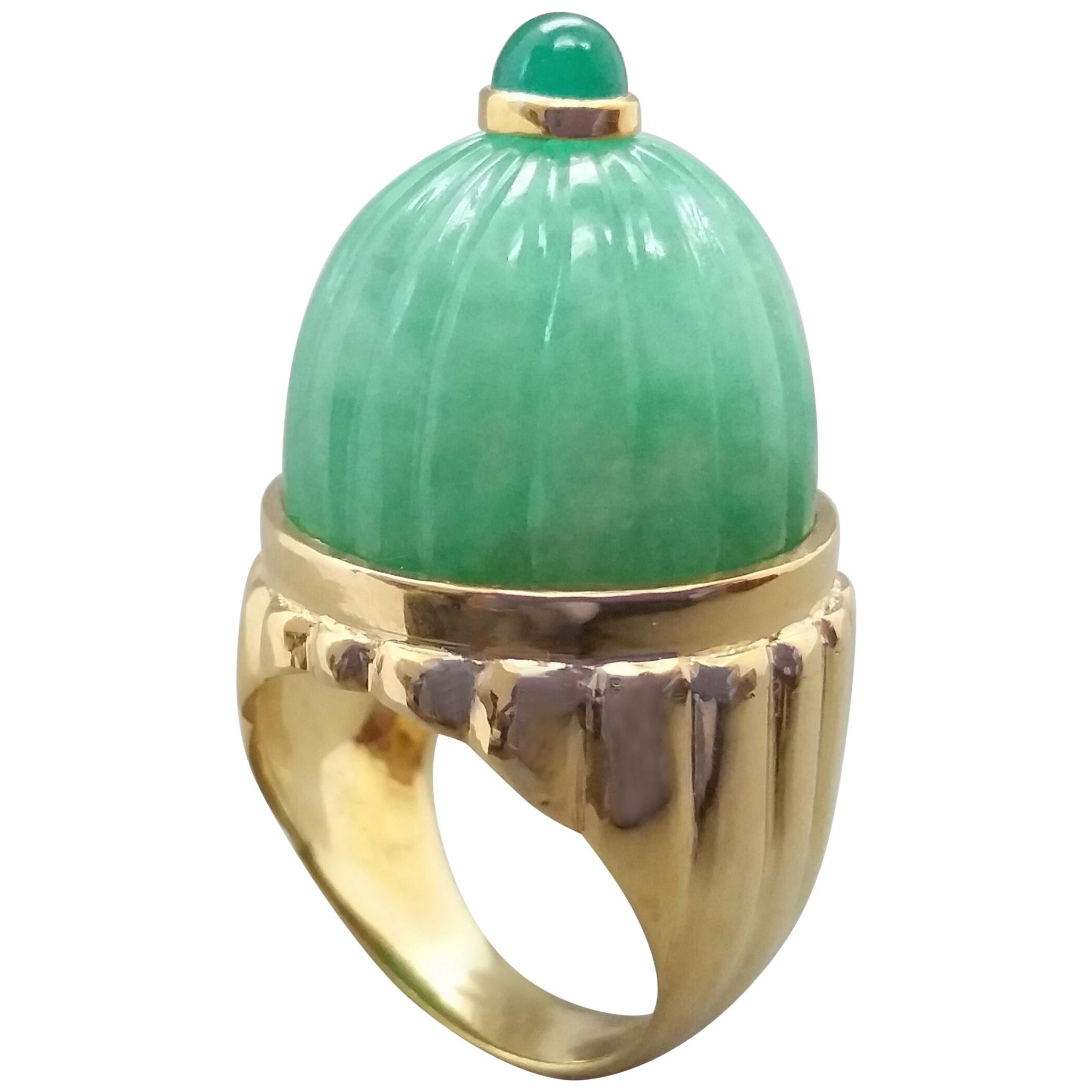 Engraved Burma Jade Cabochon Emerald Cabochon 14 Karat Solid Yellow Gold Ring For Sale