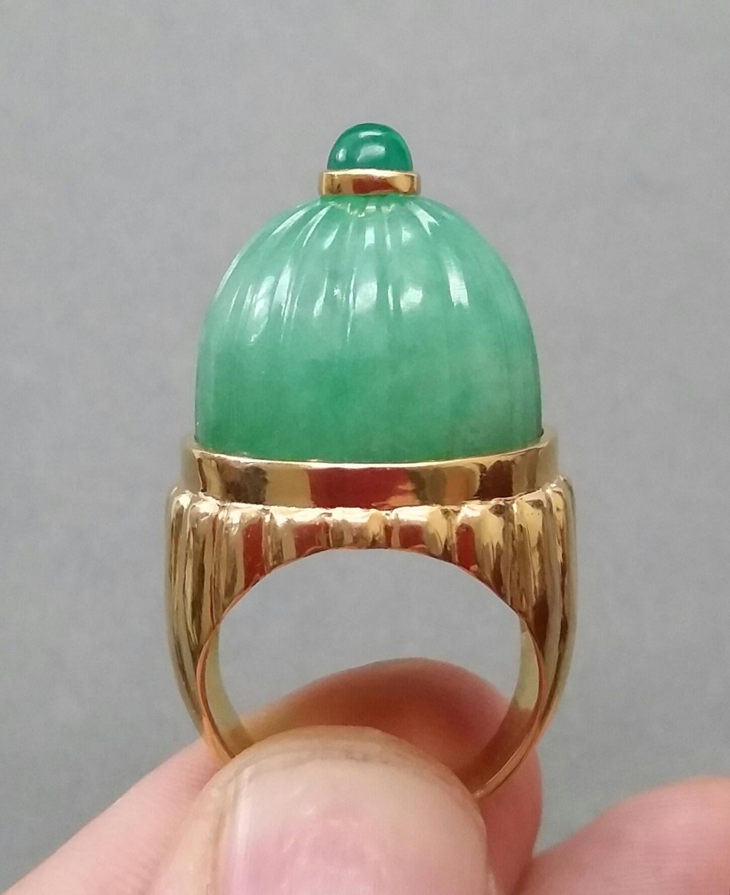 Engraved Burma Jade Cabochon Emerald Cabochon 14 Karat Solid Yellow Gold Ring For Sale 3