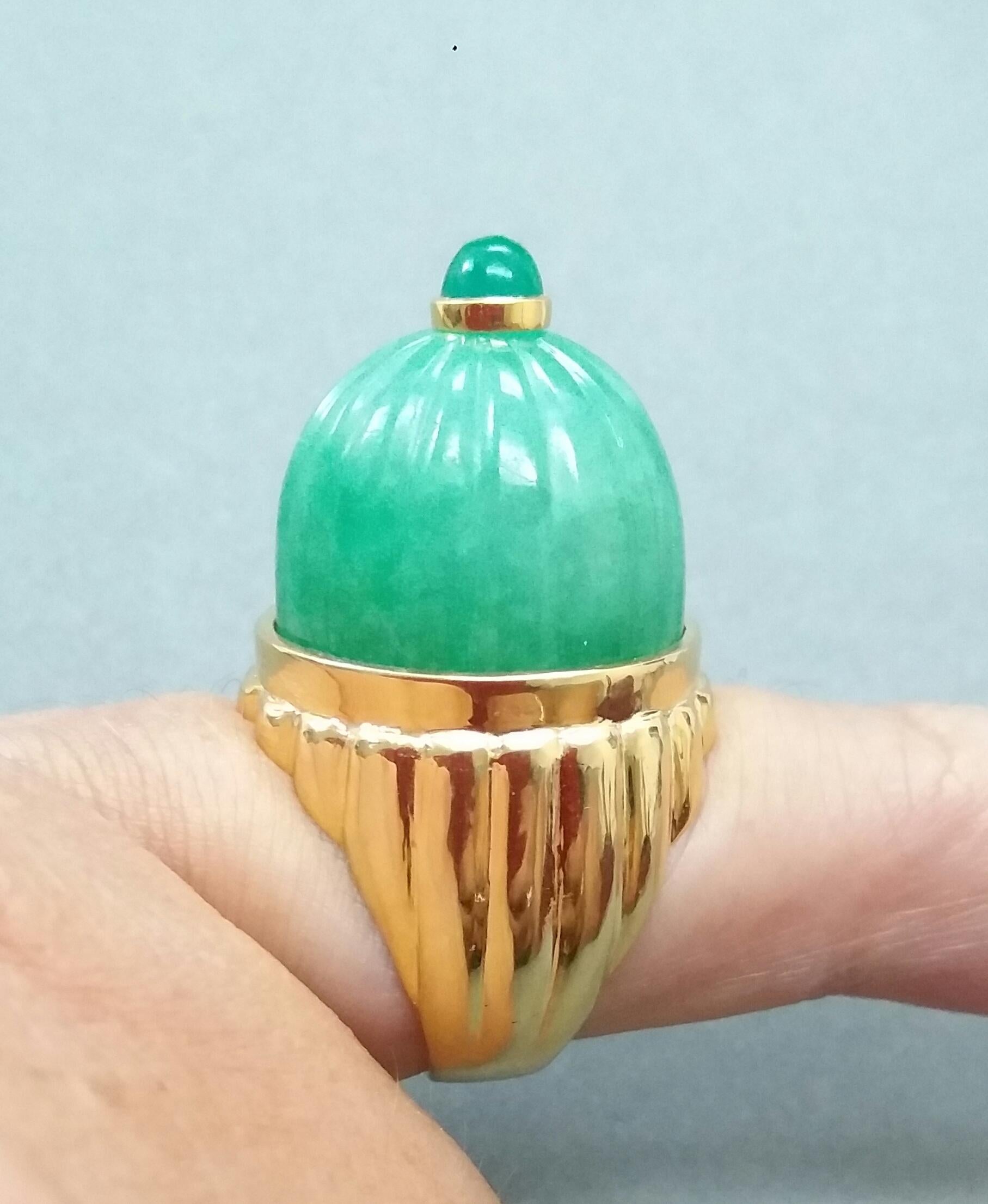 Engraved Burma Jade Cabochon Emerald Cabochon 14 Karat Solid Yellow Gold Ring For Sale 4