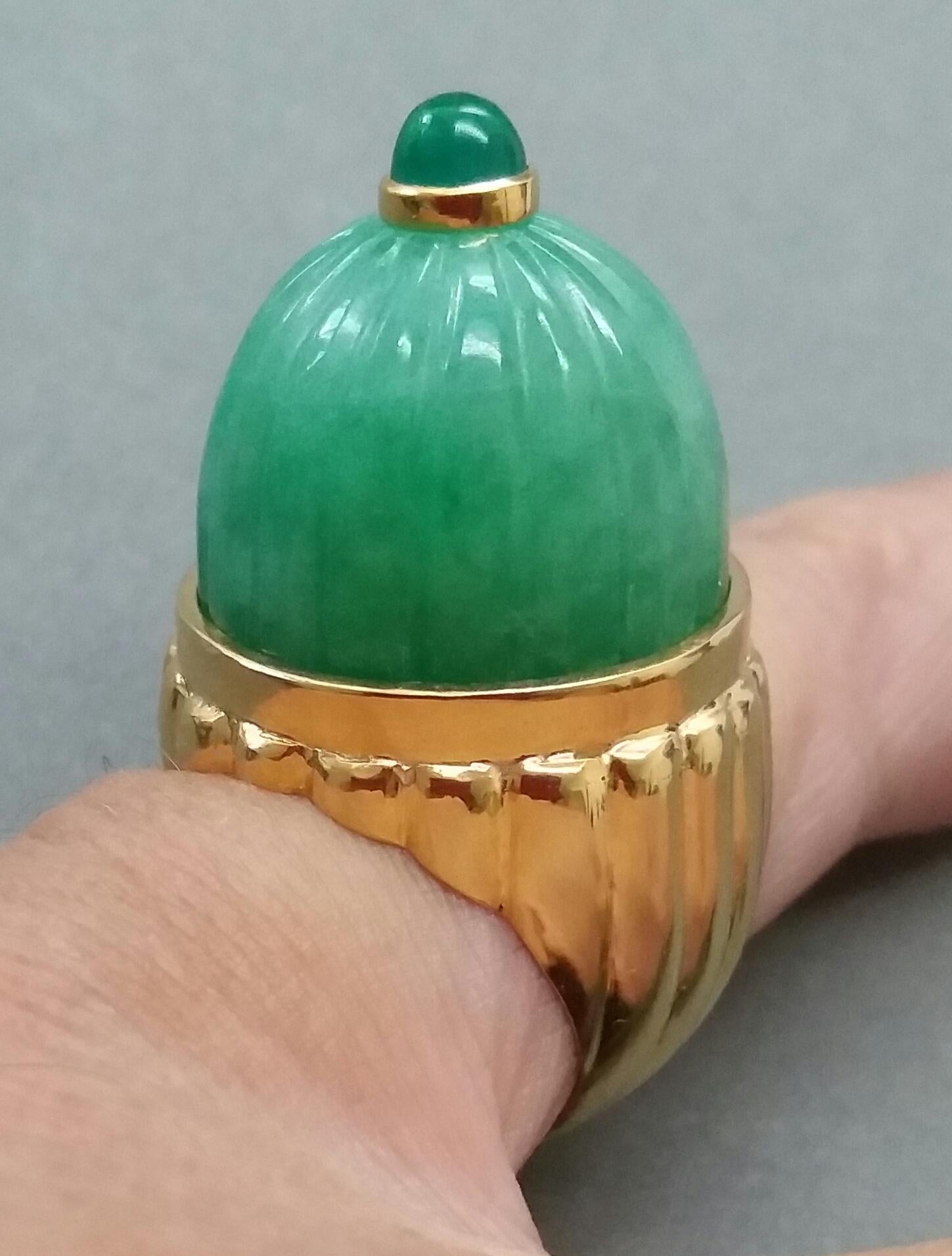Engraved Burma Jade Cabochon Emerald Cabochon 14 Karat Solid Yellow Gold Ring For Sale 5