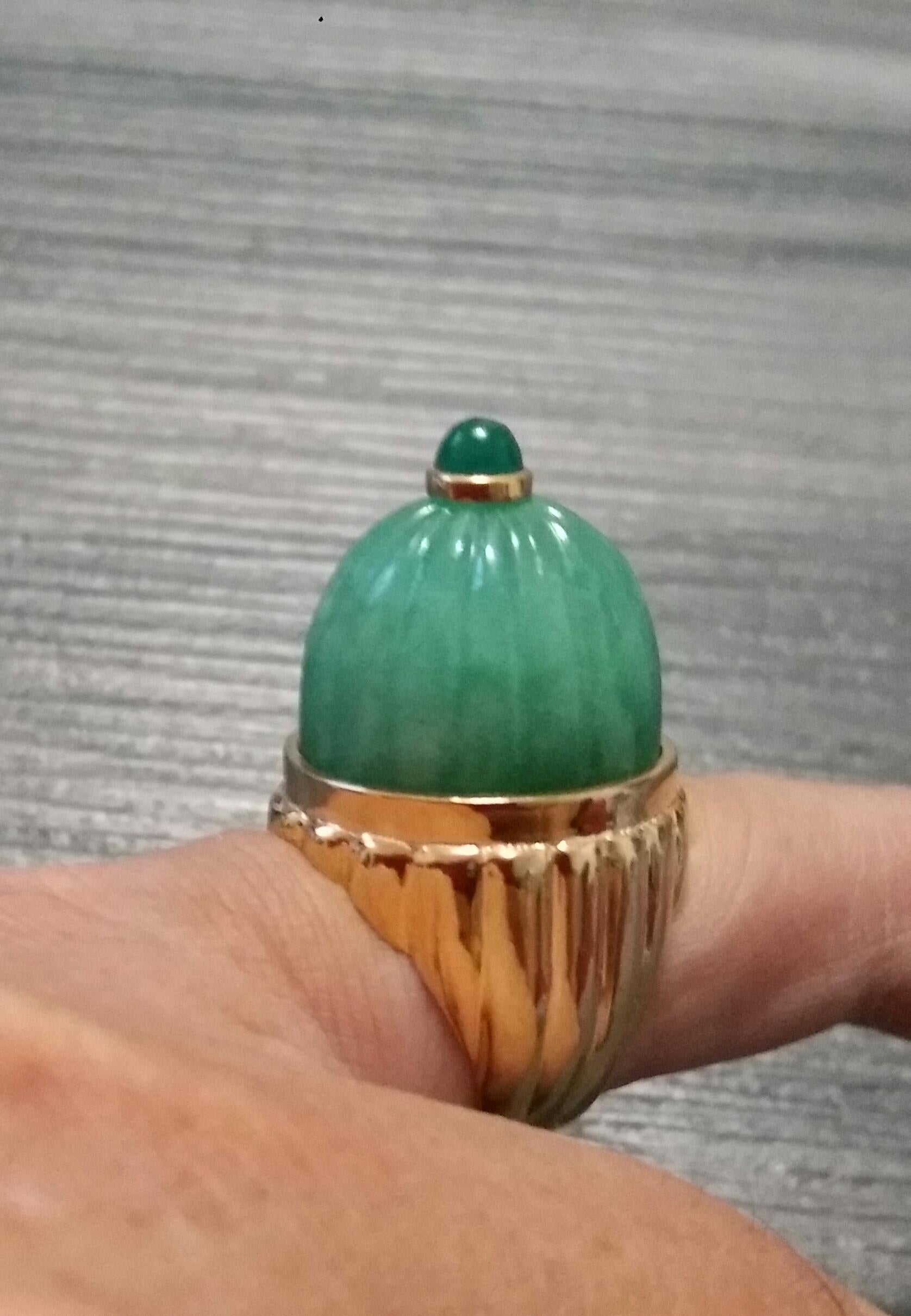 Engraved Burma Jade Cabochon Emerald Cabochon 14 Karat Solid Yellow Gold Ring For Sale 9