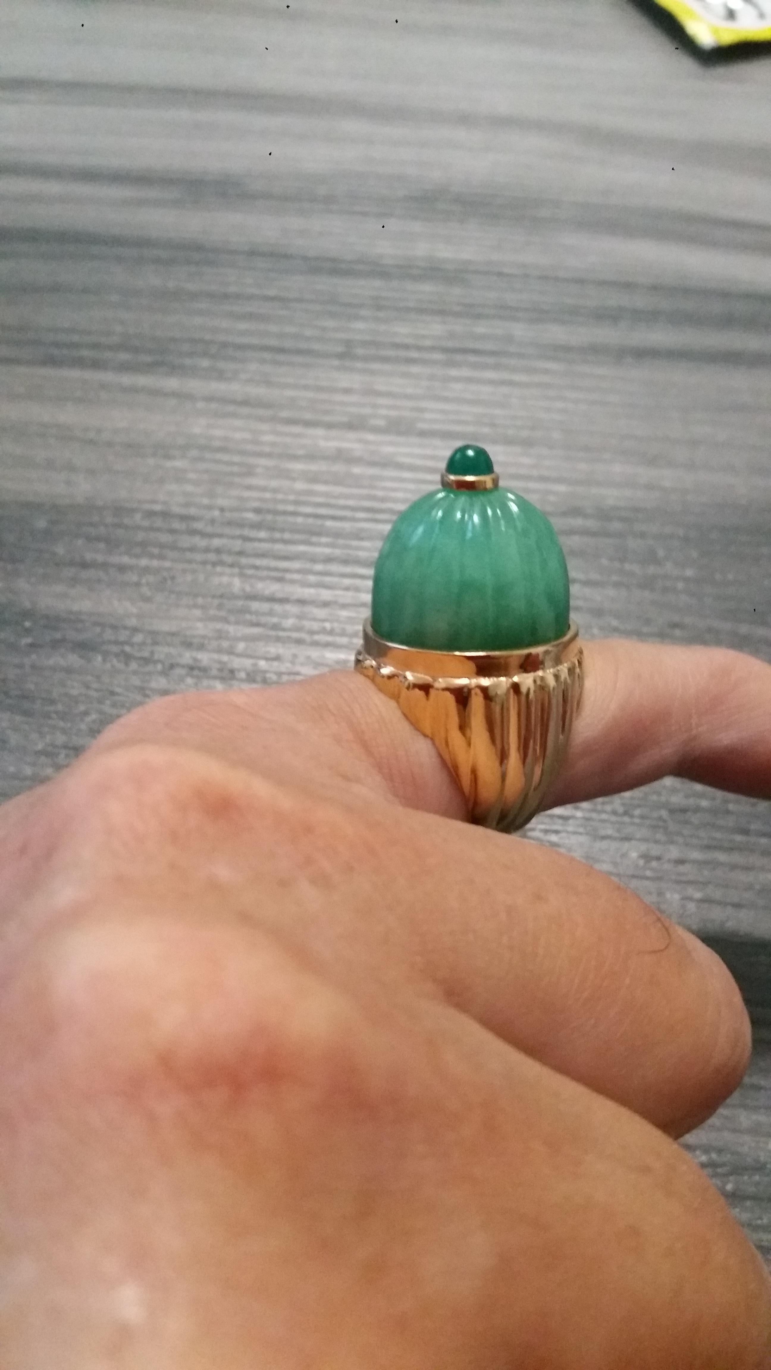 Engraved Burma Jade Cabochon Emerald Cabochon 14 Karat Solid Yellow Gold Ring For Sale 10