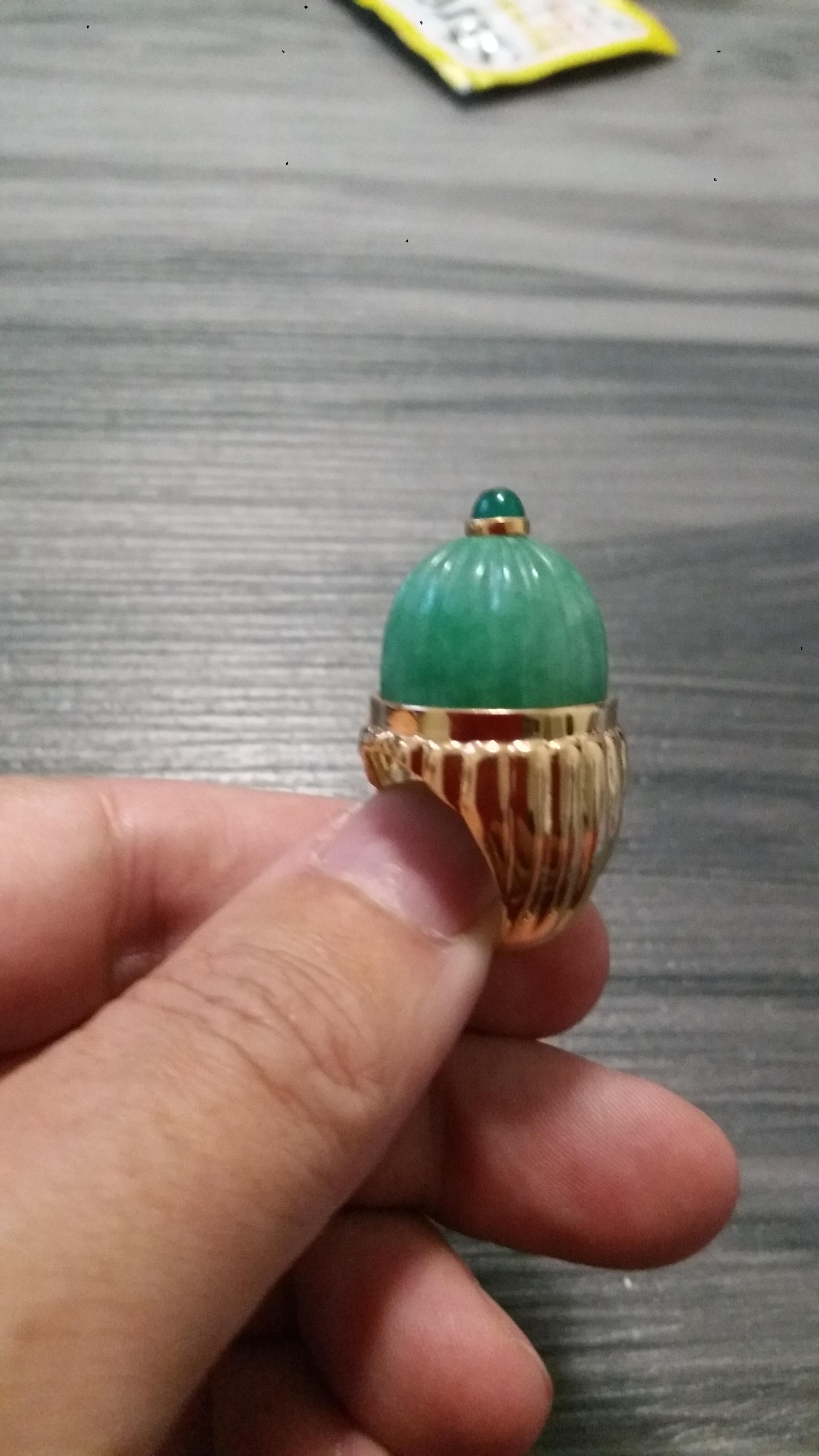 Engraved Burma Jade Cabochon Emerald Cabochon 14 Karat Solid Yellow Gold Ring For Sale 10