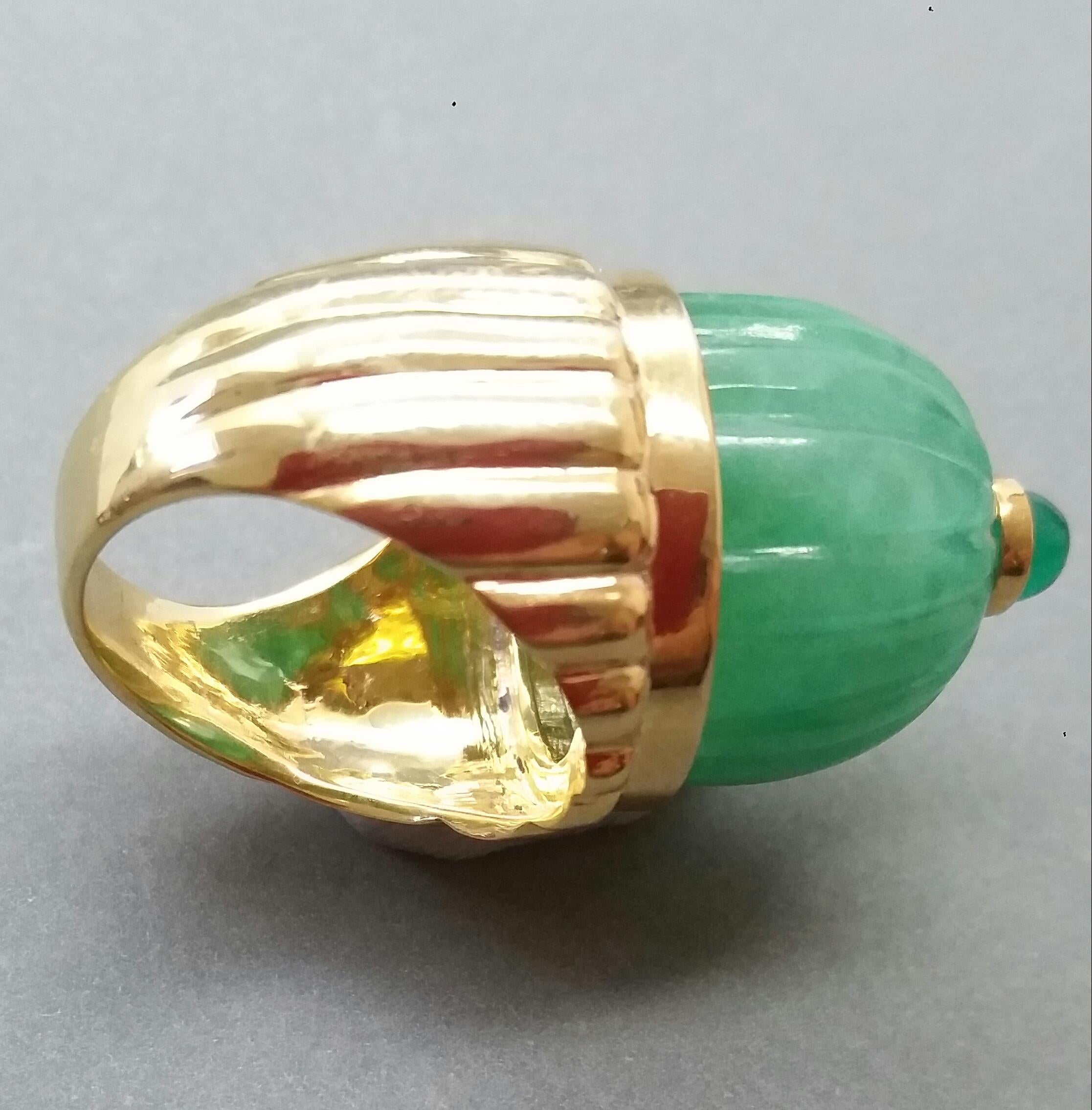Bullet Cut Engraved Burma Jade Cabochon Emerald Cabochon 14 Karat Solid Yellow Gold Ring For Sale