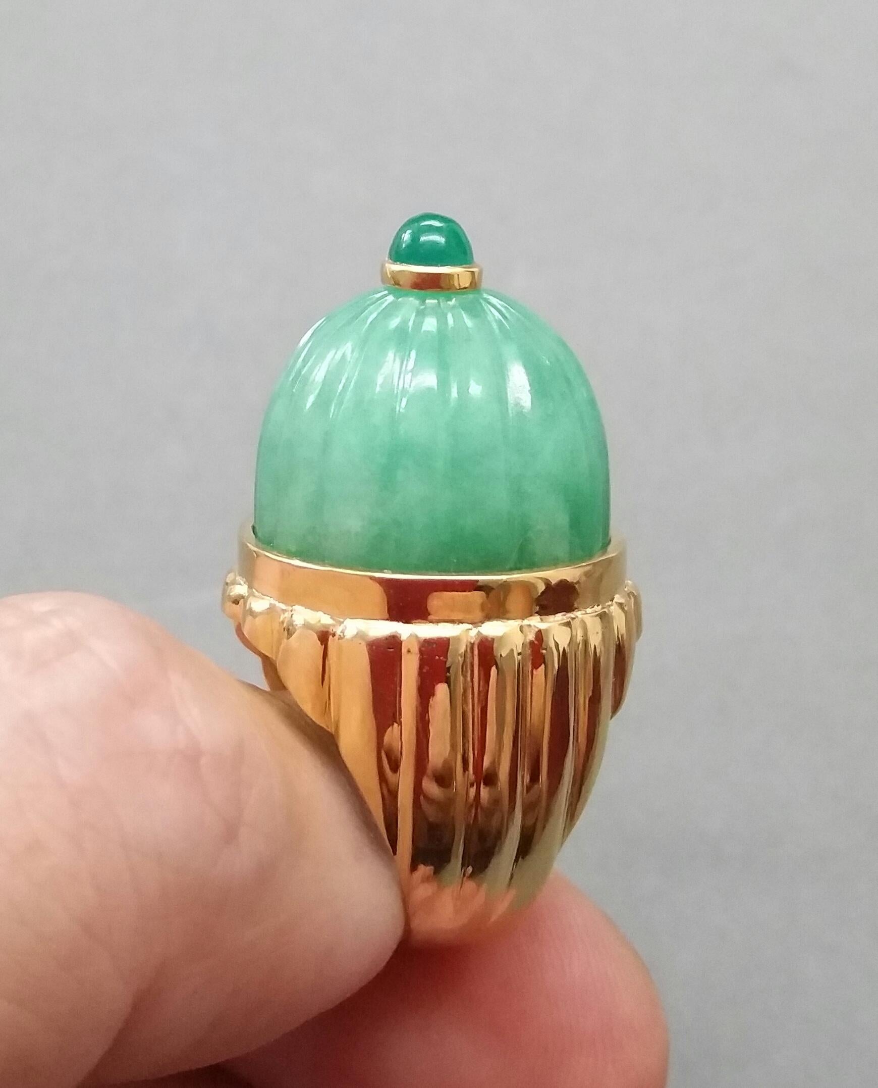 Engraved Burma Jade Cabochon Emerald Cabochon 14 Karat Solid Yellow Gold Ring For Sale 1