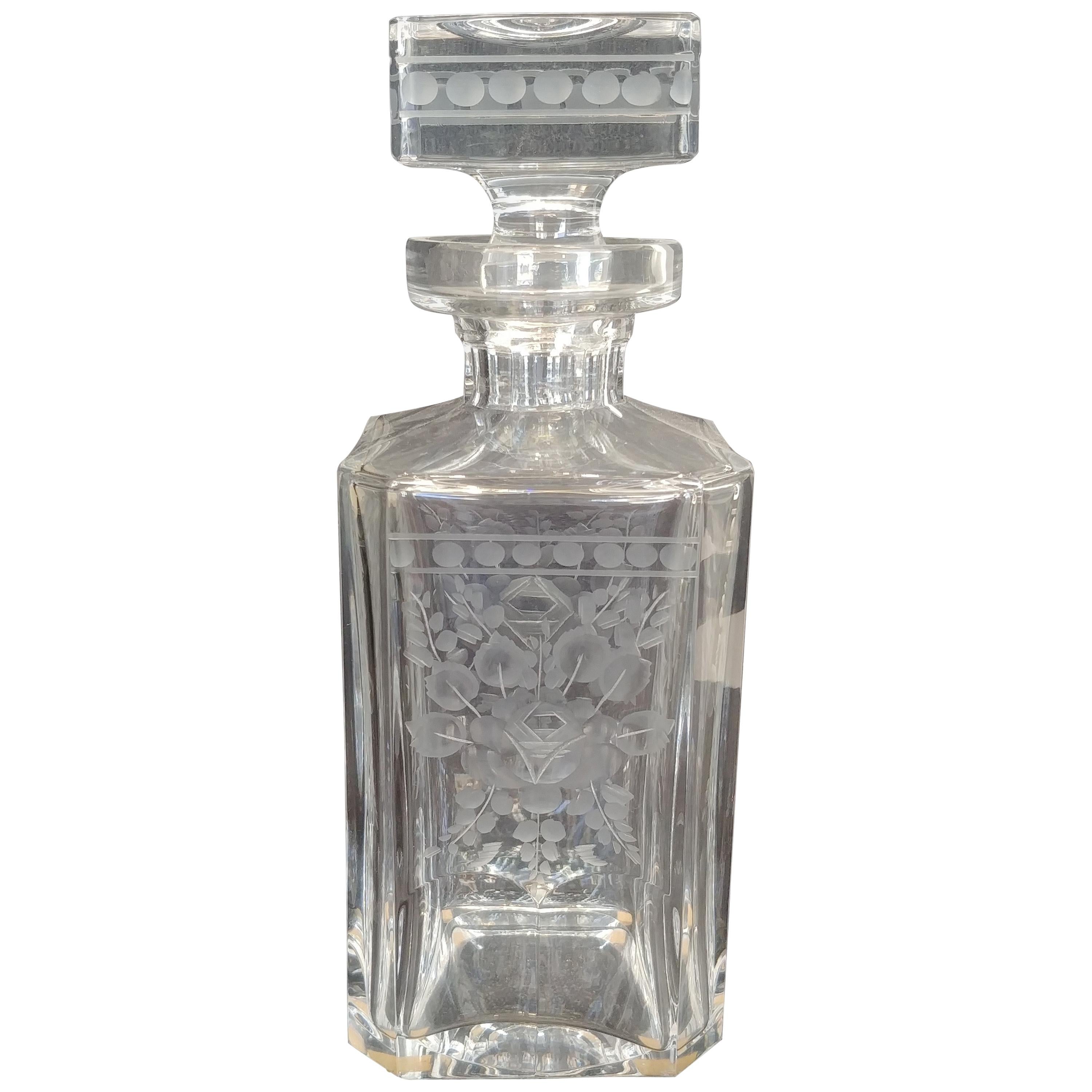 Engraved by Hand Crystal Liquor Square Bottle Made in Germany in the 1950s For Sale