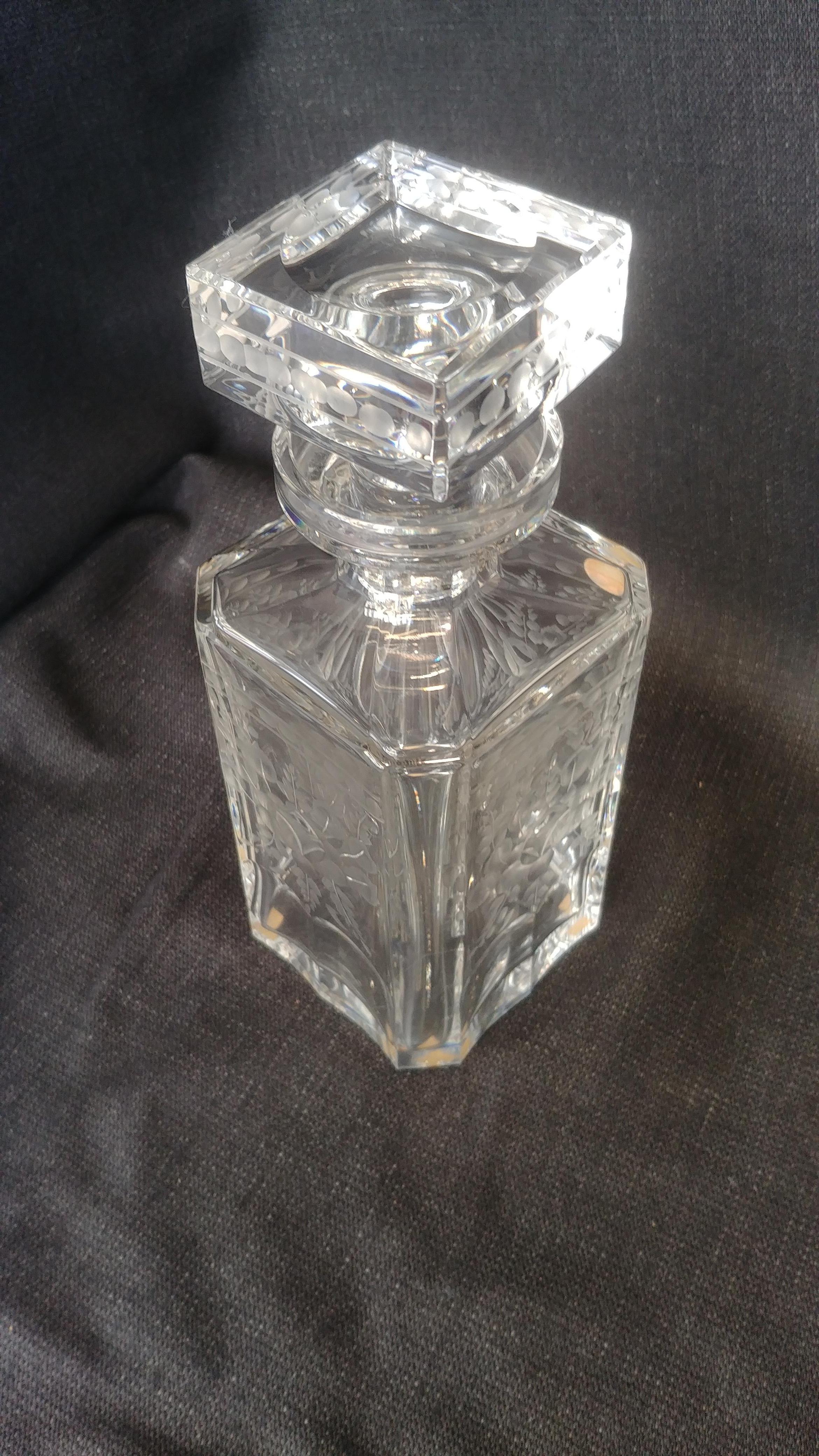 Art Deco Engraved by Hand Crystal Liquor Square Bottle Made in Germany in the 1950s For Sale