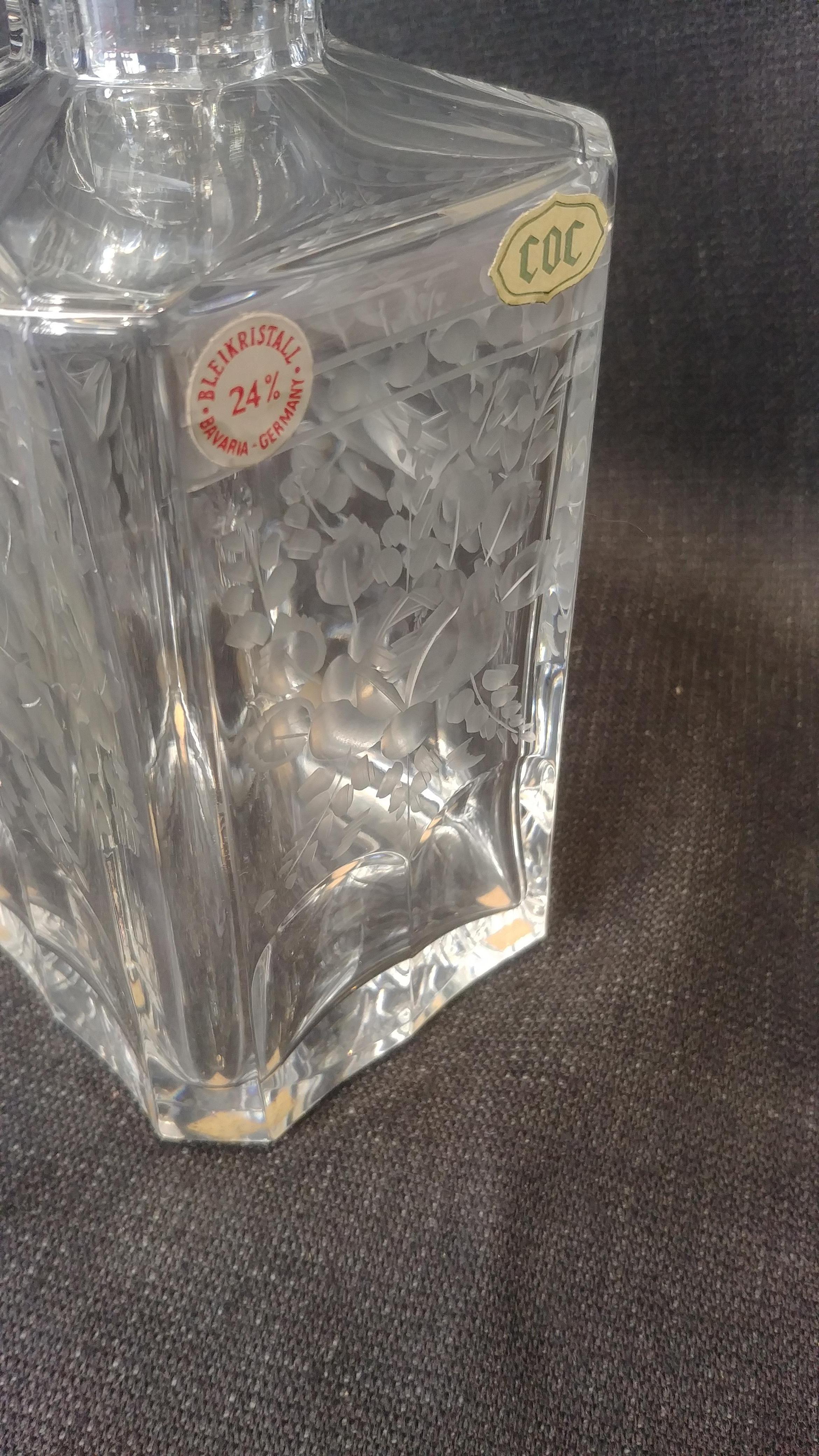 Mid-20th Century Engraved by Hand Crystal Liquor Square Bottle Made in Germany in the 1950s For Sale