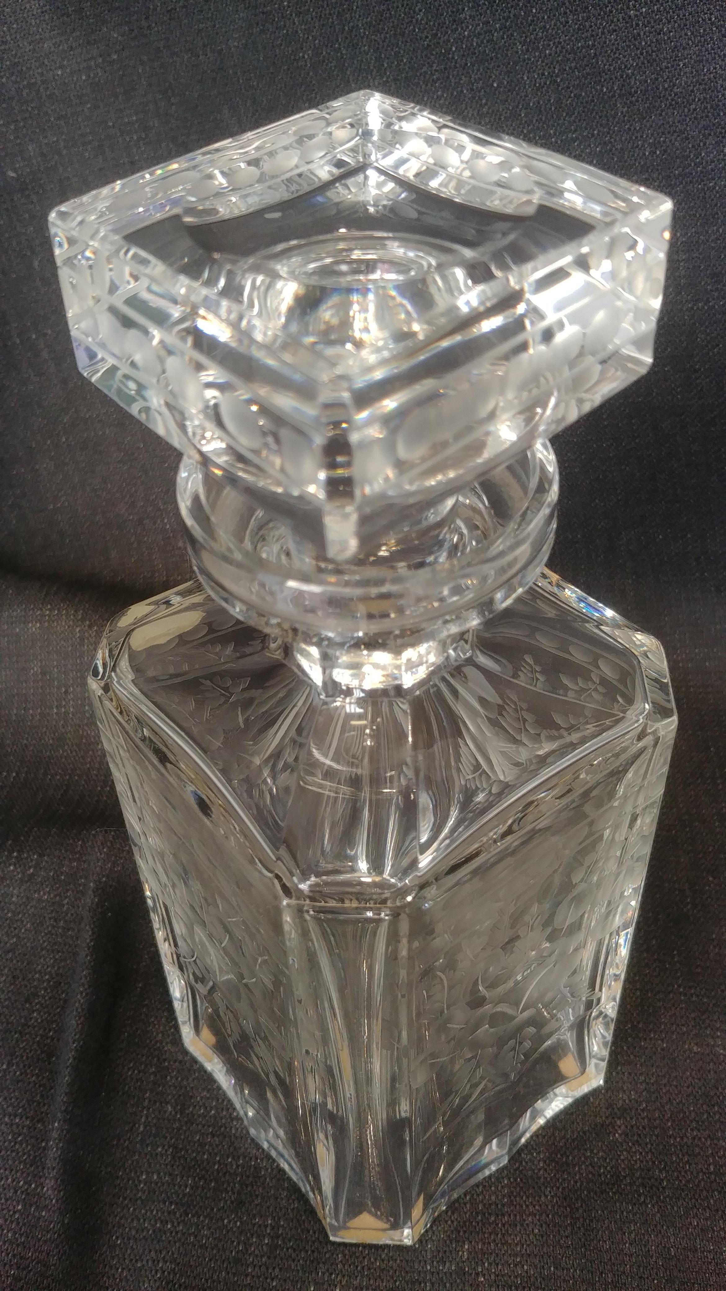 Engraved by Hand Crystal Liquor Square Bottle Made in Germany in the 1950s For Sale 3