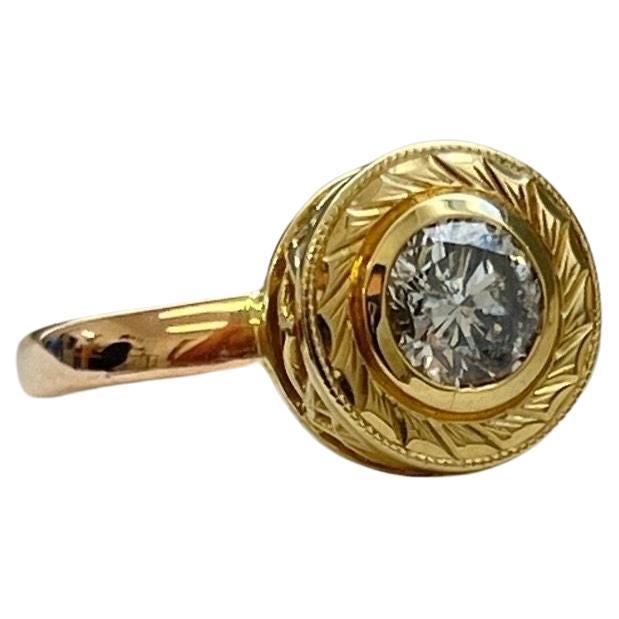 Engraved by hand engagement ring 18KT gold bezel ring scrolls engraved ring For Sale