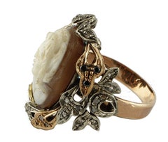 Engraved Cameo Little Blue Sapphires Diamonds Rose Gold and Silver Retrò Ring