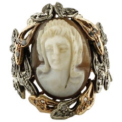 Vintage Engraved Cameo Little Blue Sapphires Diamonds Rose Gold and Silver Retrò Ring