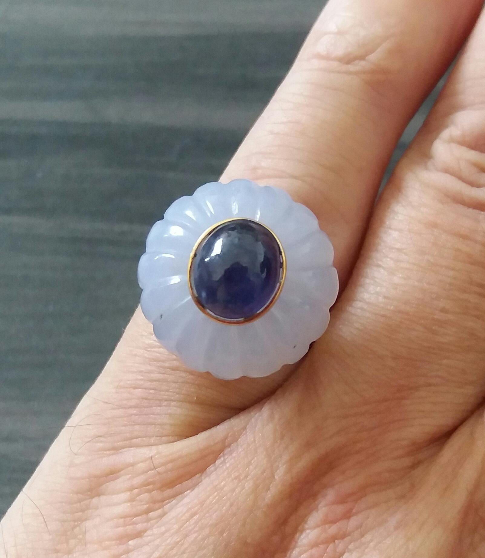 Engraved Chalcedony Blue Sapphire Cabochon 14 Karat Yellow Gold Cocktail Ring For Sale 7