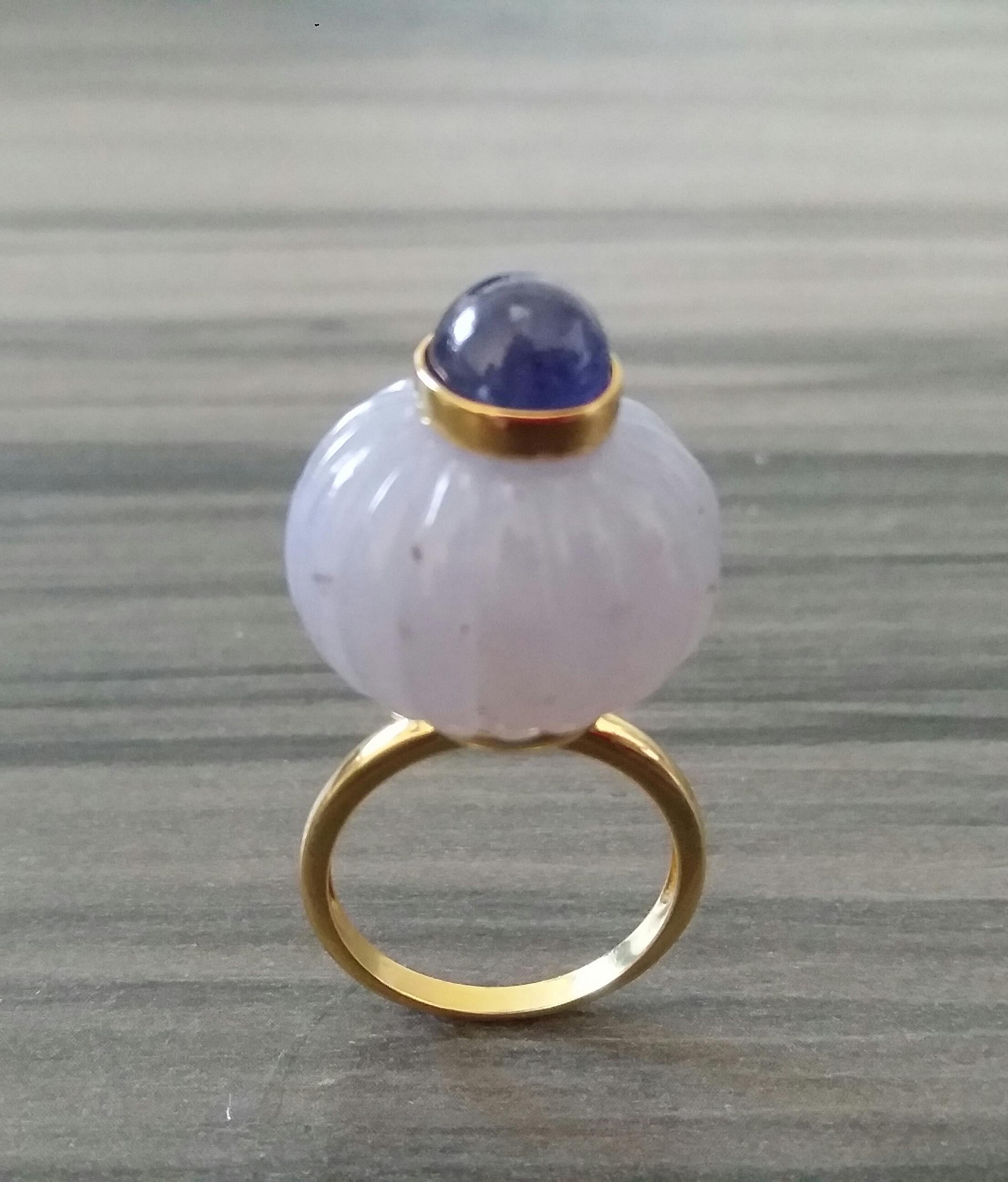 Engraved Chalcedony Blue Sapphire Cabochon 14 Karat Yellow Gold Cocktail Ring For Sale 9