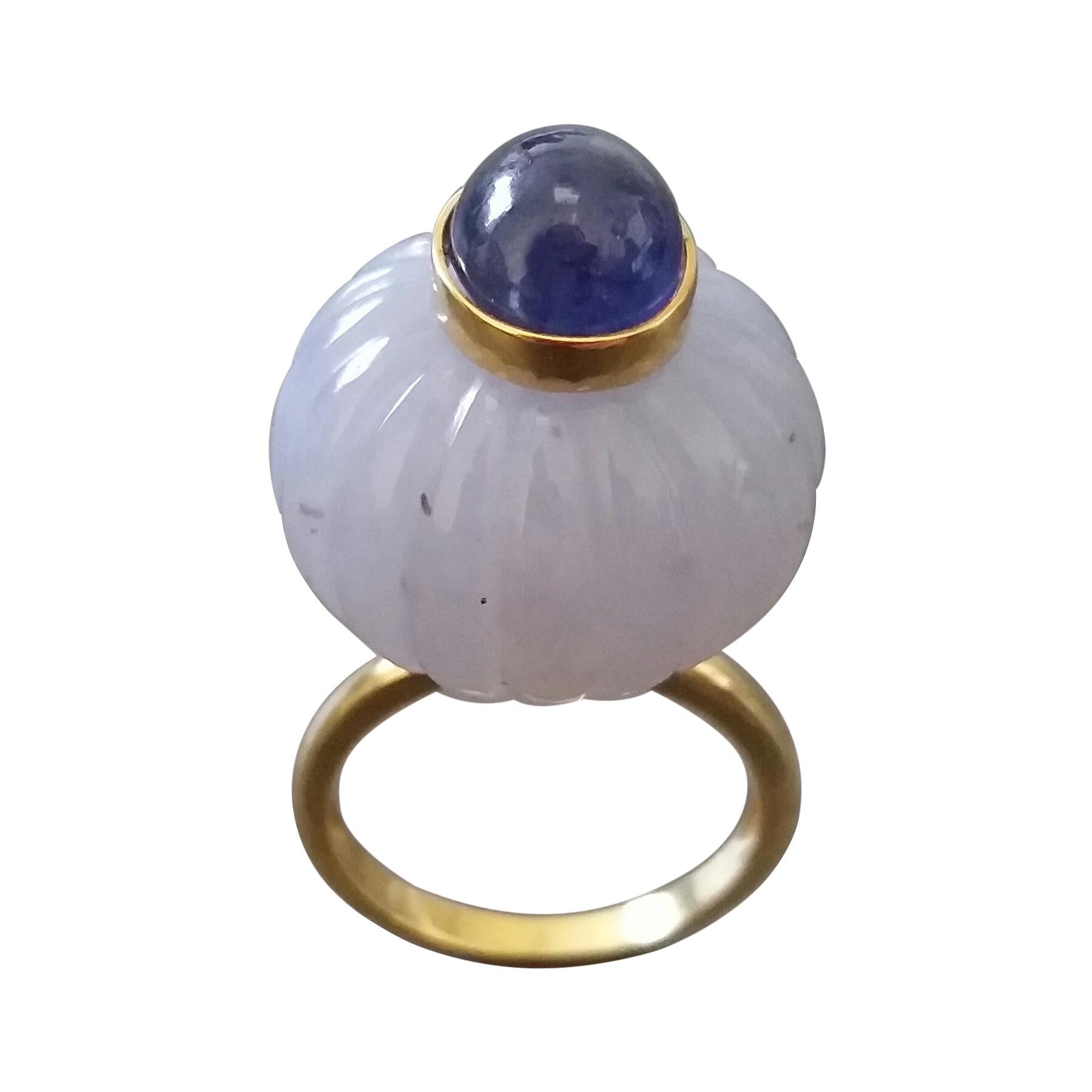 Engraved Chalcedony Blue Sapphire Cabochon 14 Karat Yellow Gold Cocktail Ring