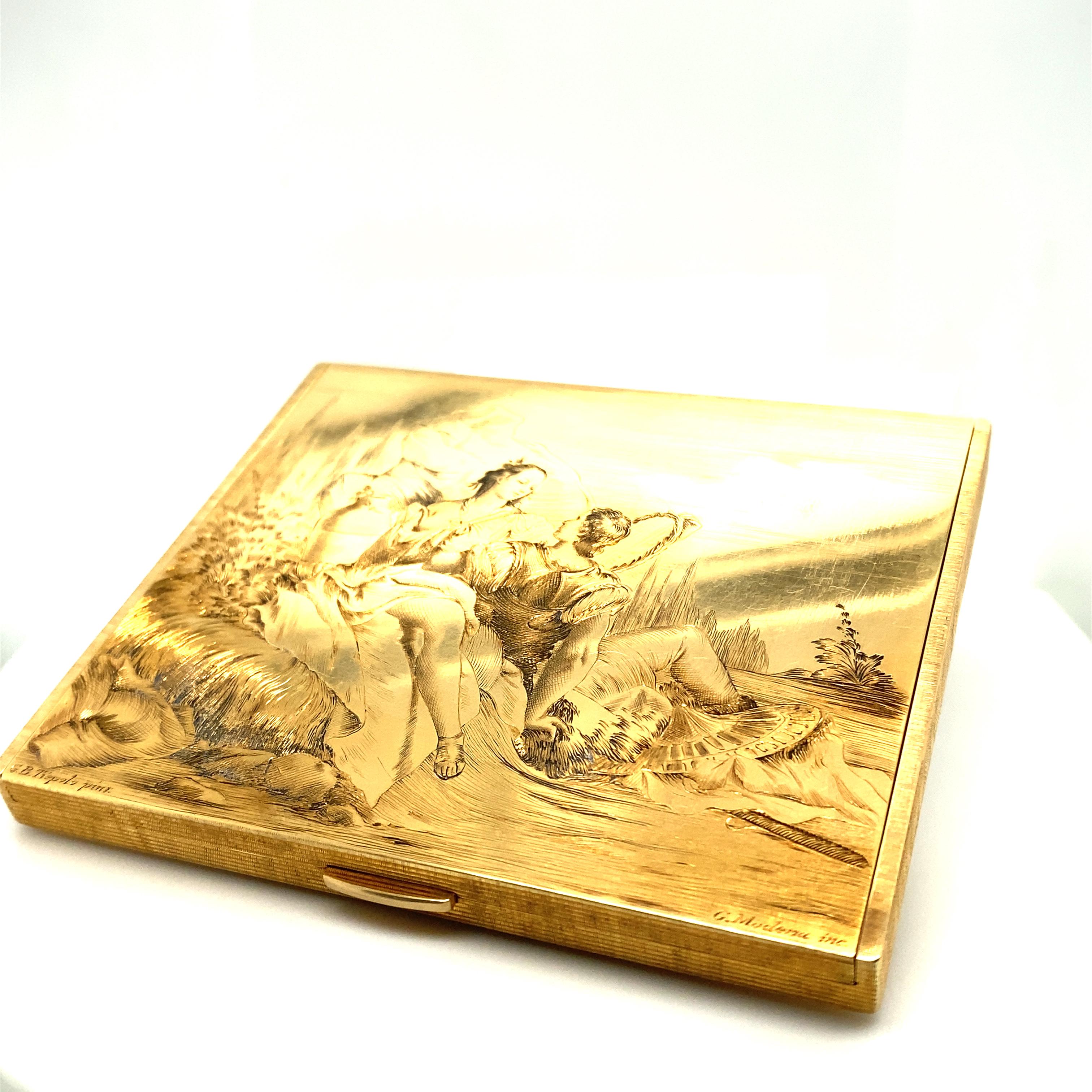 Hand engraved with a romantic scene of a young couple resting outside. The image takes reference to Giovanni Battista Tiepolo an eminent Venetian artist of the 18th Century. 

Exquisite hand engraving with partially blackened details

Dimensions: 93