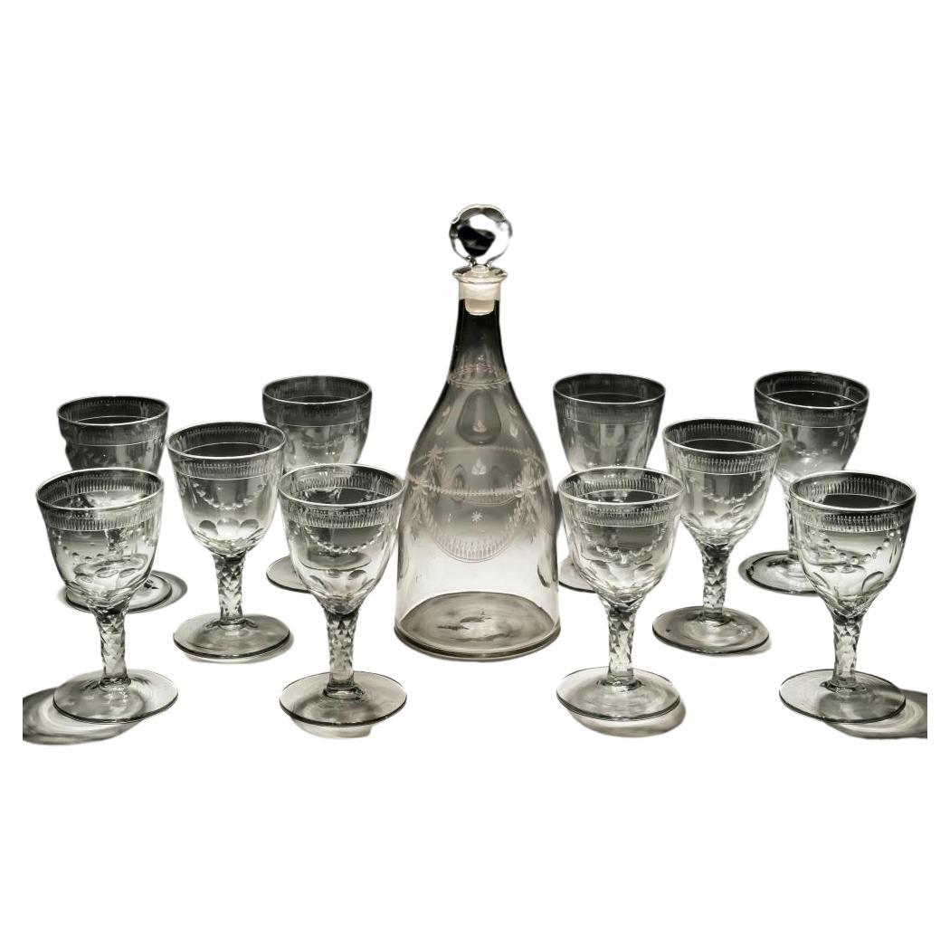 Engraved Continental Magnum Decanter with Ten Matching Glasses For Sale