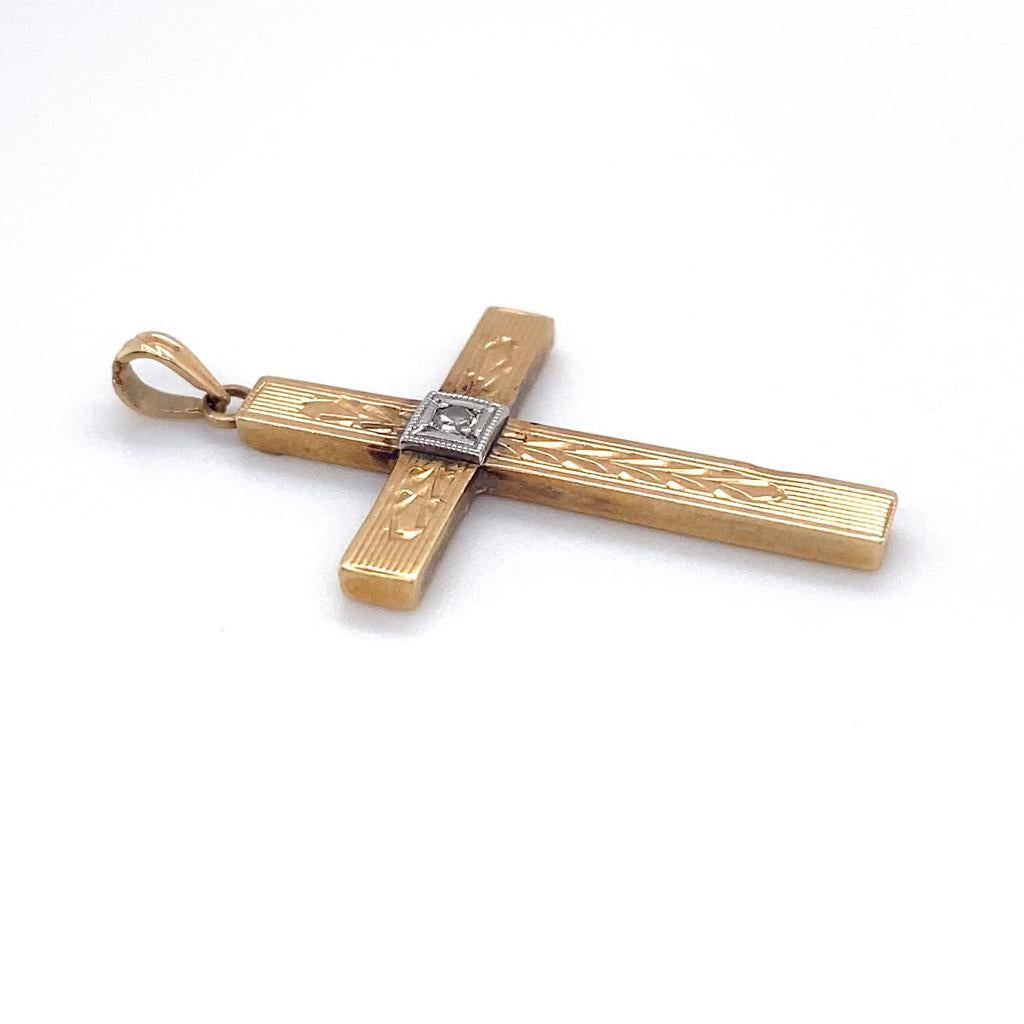 Revival Engraved Cross 0.02ct Diamond 14K Two-Tone Gold Pendant, Christian Religious For Sale