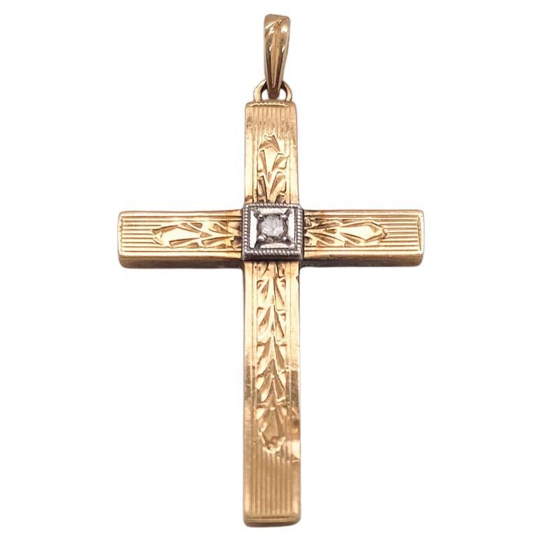 Engraved Cross 0.02ct Diamond 14K Two-Tone Gold Pendant, Christian Religious For Sale