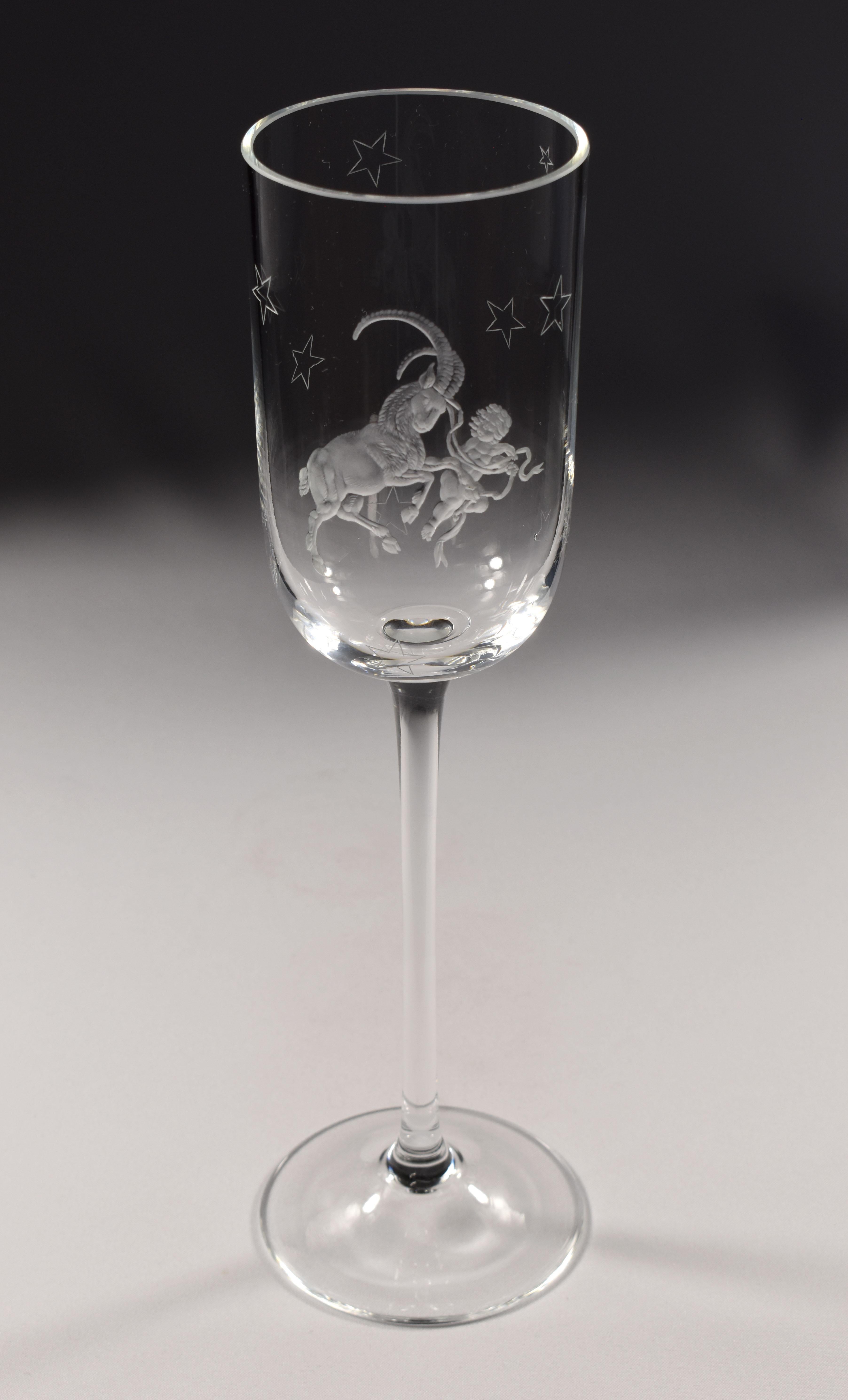 Czech Engraved Crystal Cup with the Symbolism of Capricorn, Custom Production For Sale