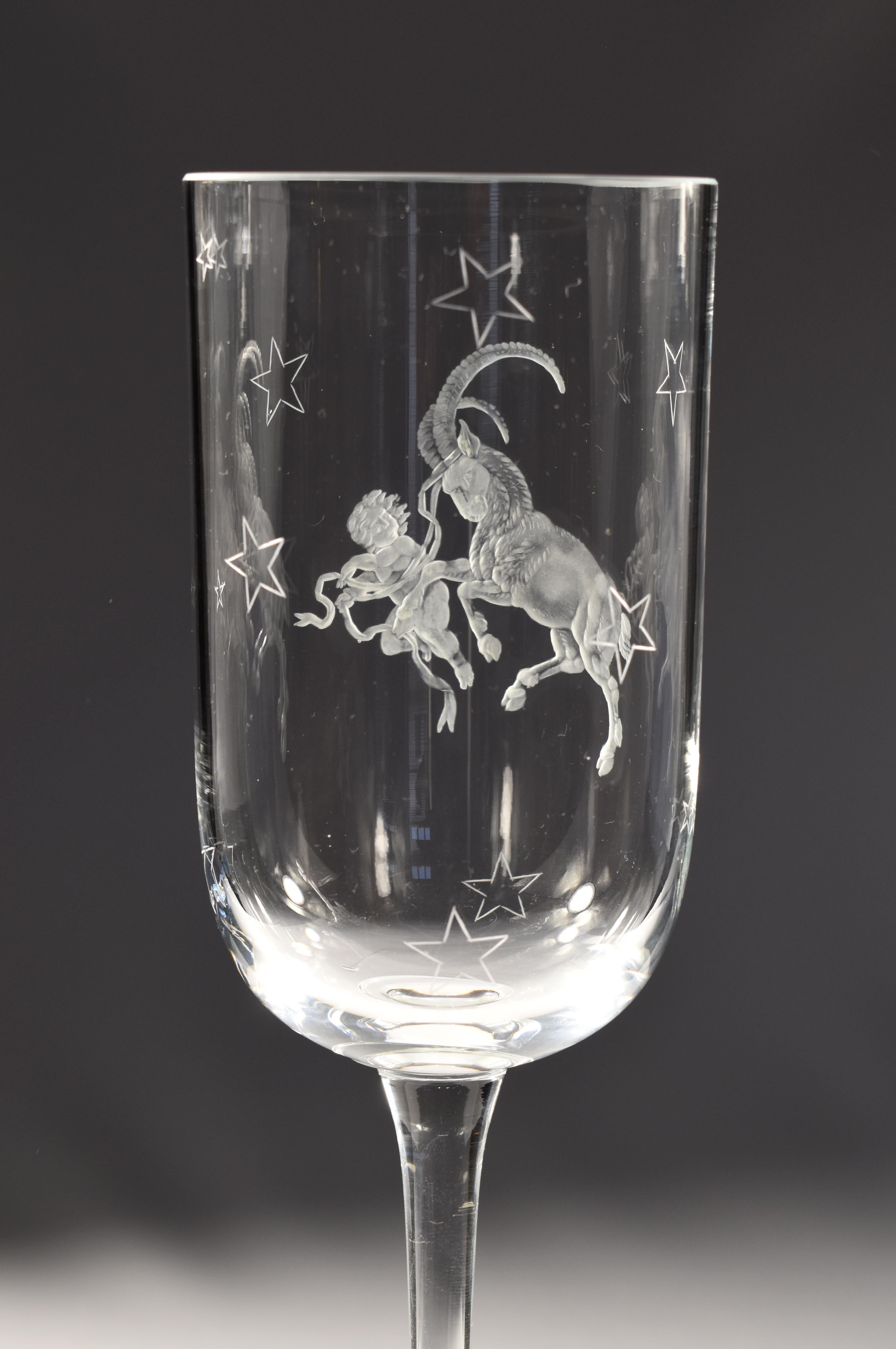 Art Glass Engraved Crystal Cup with the Symbolism of Capricorn, Custom Production For Sale