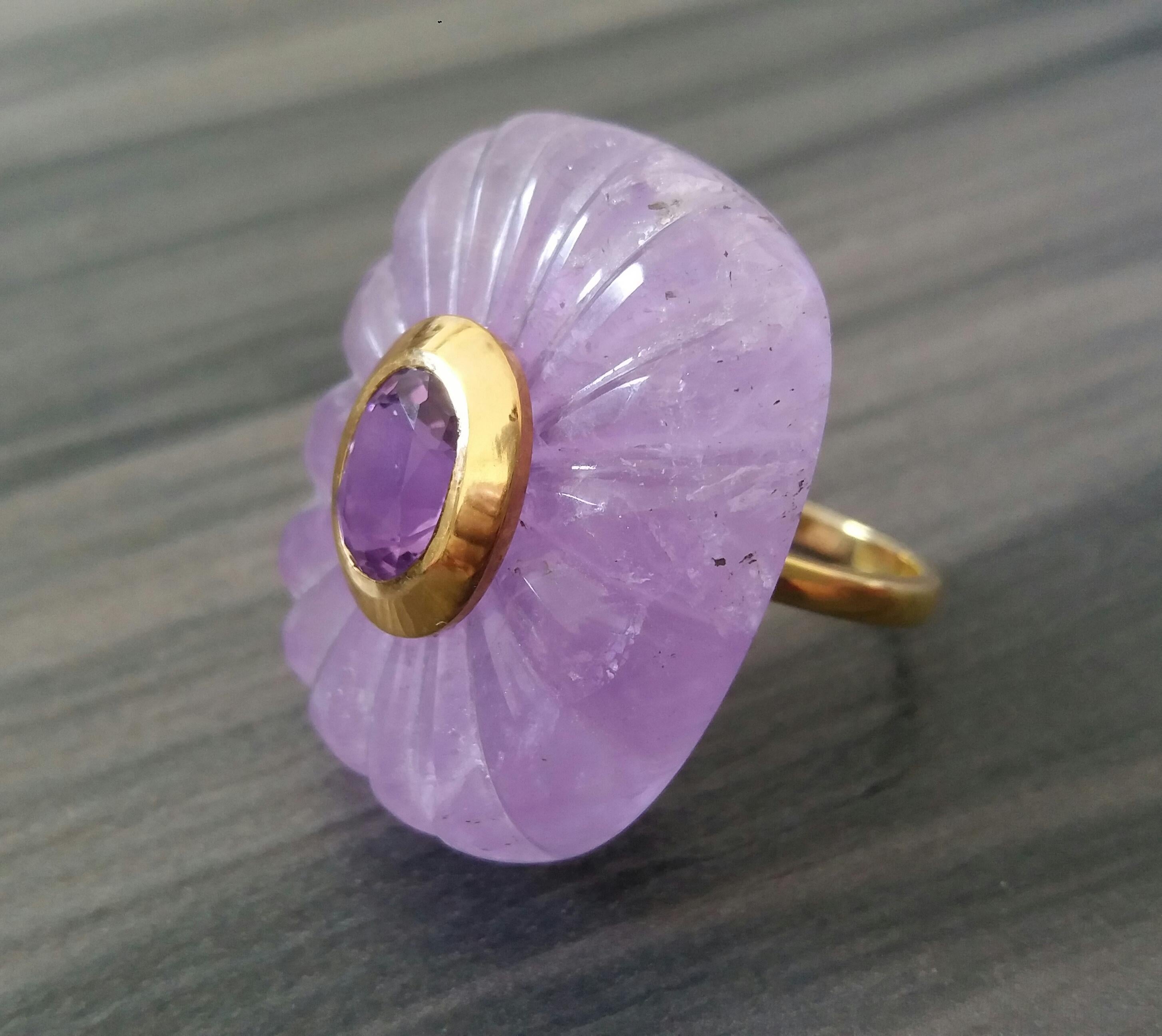 Contemporary Engraved Cushion Shape Natural Amethyst Faceted Oval Amethyst Gold Cocktail Ring For Sale