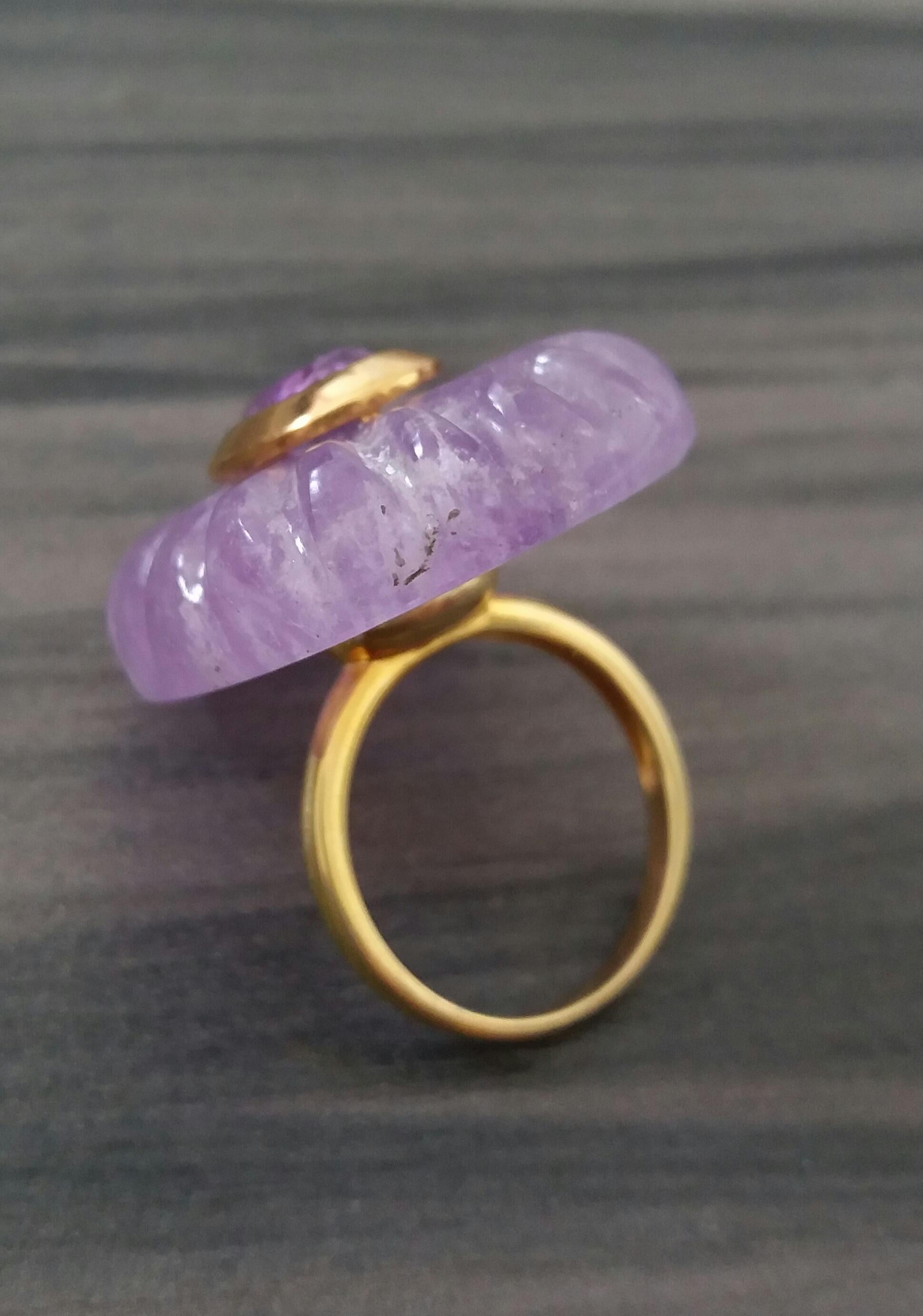 Cushion Cut Engraved Cushion Shape Natural Amethyst Faceted Oval Amethyst Gold Cocktail Ring For Sale