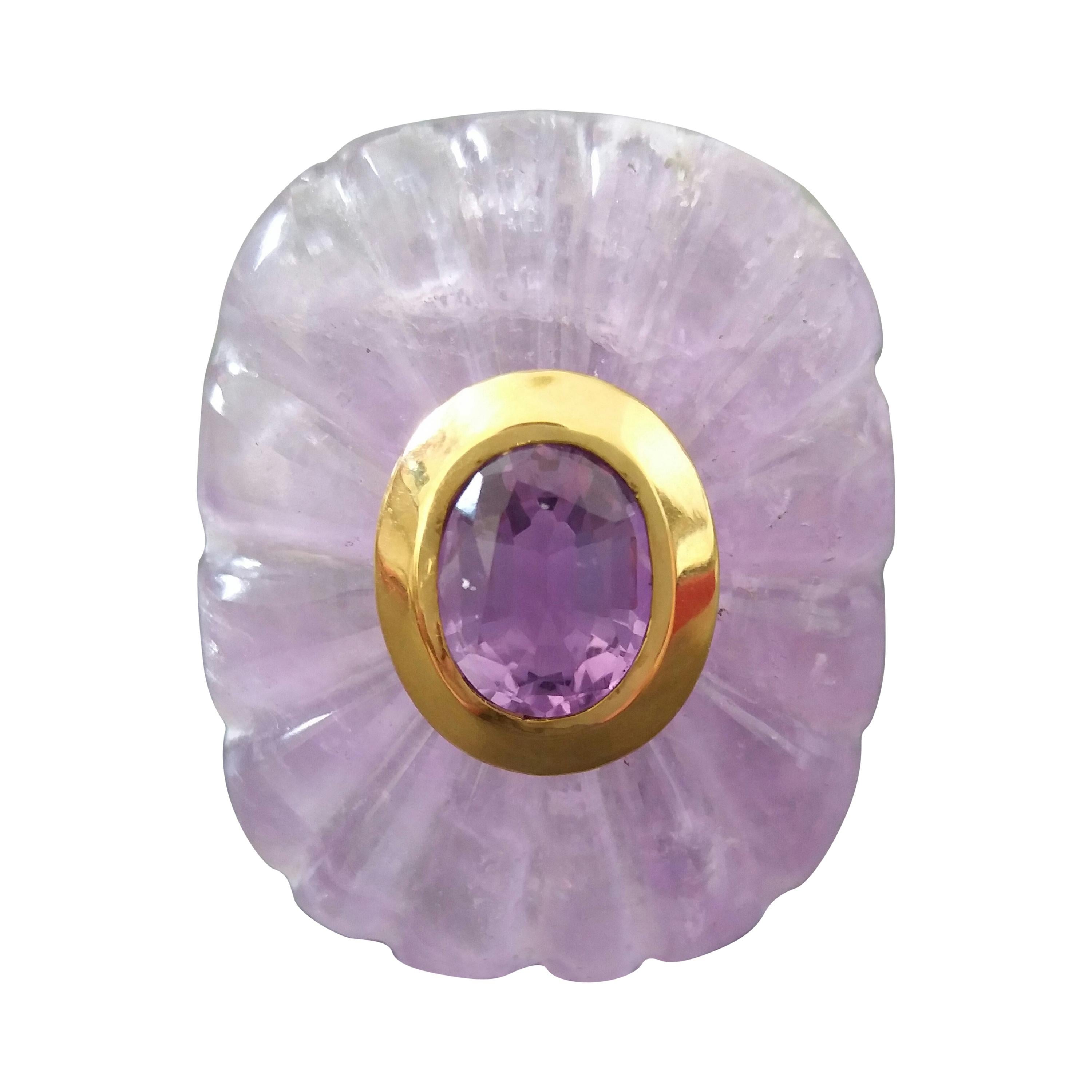 Engraved Cushion Shape Natural Amethyst Faceted Oval Amethyst Gold Cocktail Ring
