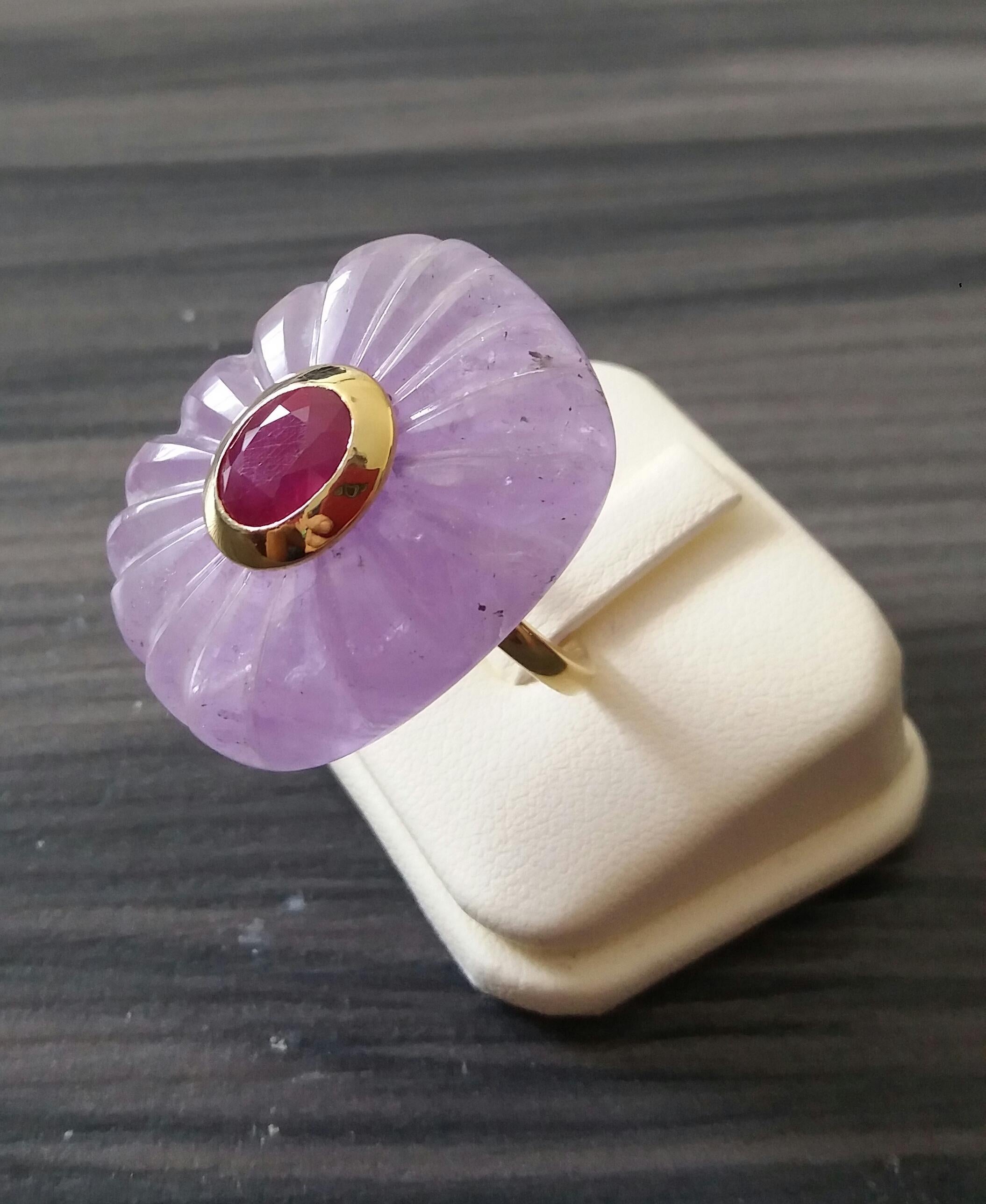 Engraved Cushion Shape Natural Amethyst Faceted Oval Ruby Gold Cocktail Ring For Sale 4
