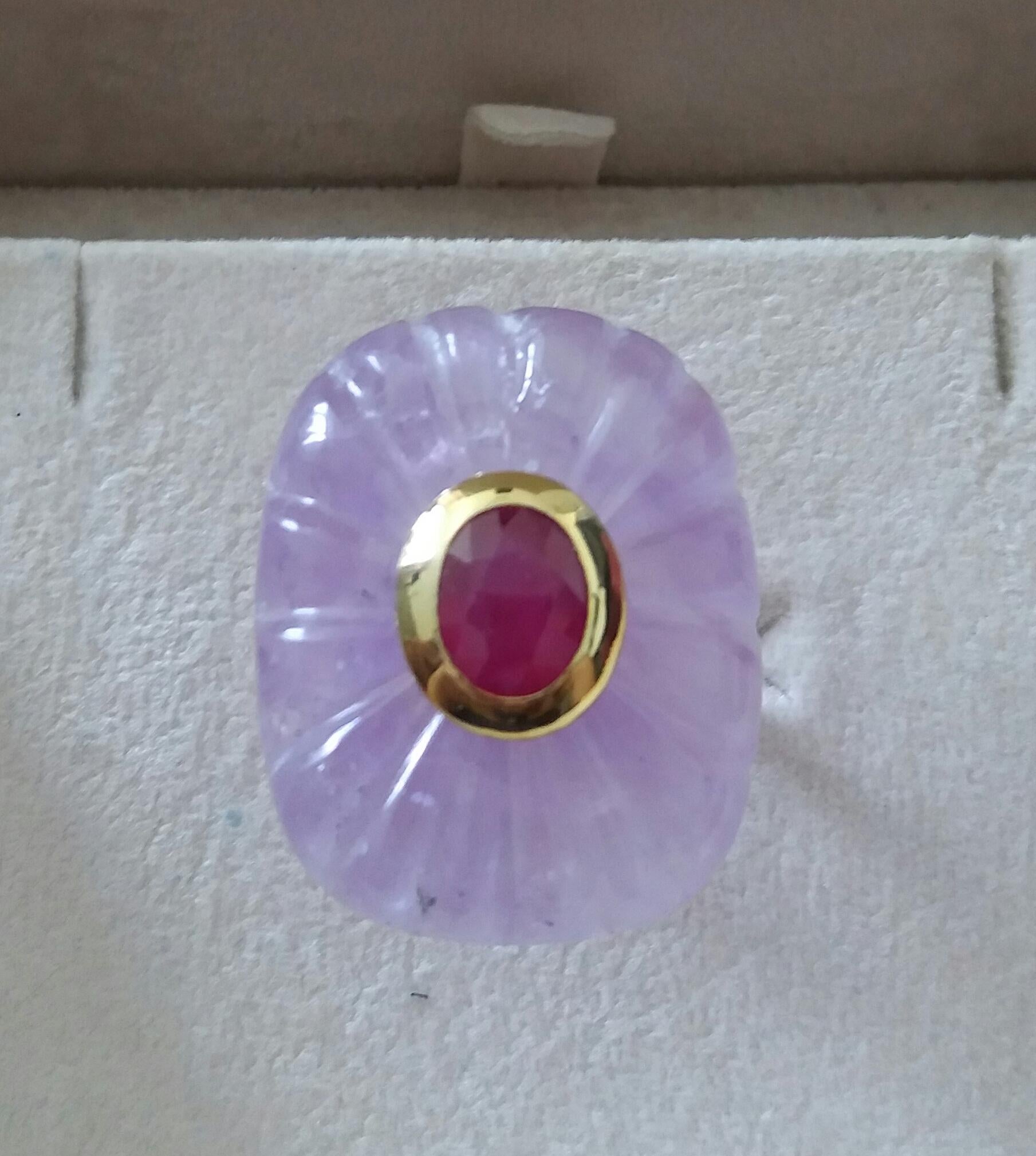 Engraved Cushion Shape Natural Amethyst Faceted Oval Ruby Gold Cocktail Ring For Sale 5