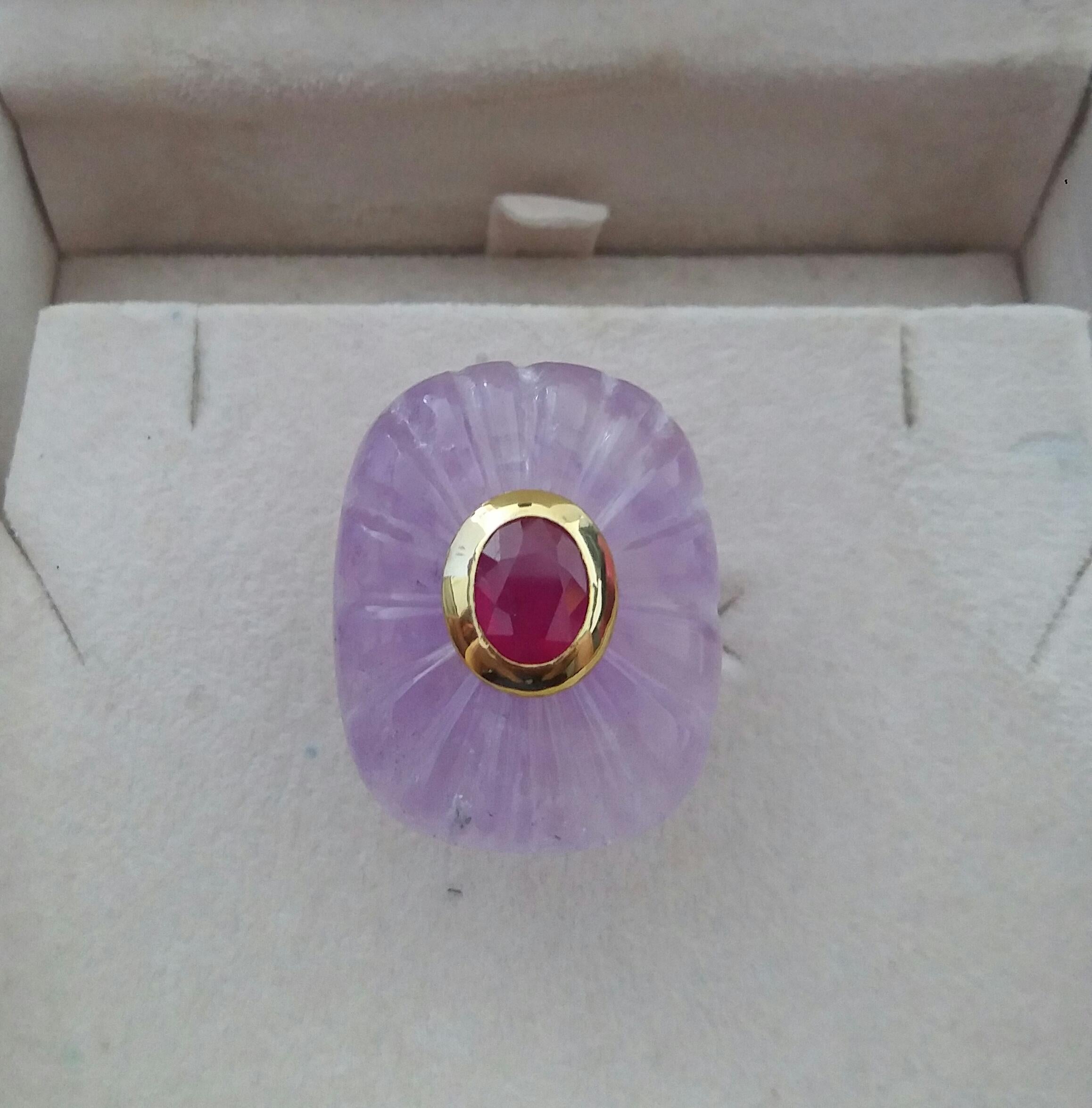 Engraved Cushion Shape Natural Amethyst Faceted Oval Ruby Gold Cocktail Ring For Sale 6