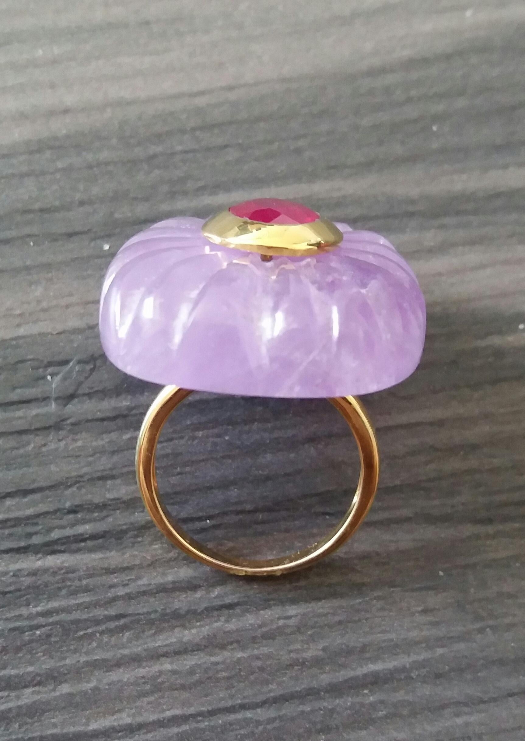 Engraved Cushion Shape Natural Amethyst Faceted Oval Ruby Gold Cocktail Ring For Sale 9