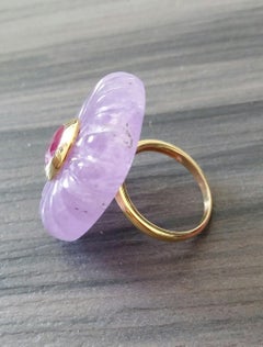 Engraved Cushion Shape Natural Amethyst Faceted Oval Ruby Gold Cocktail Ring