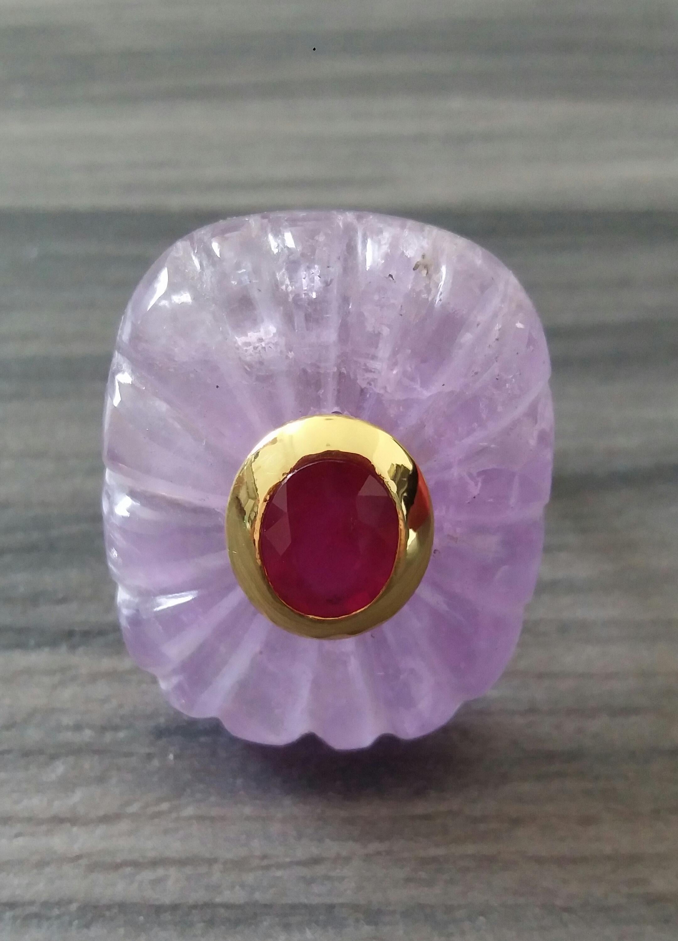 Cushion Cut Engraved Cushion Shape Natural Amethyst Faceted Oval Ruby Gold Cocktail Ring For Sale